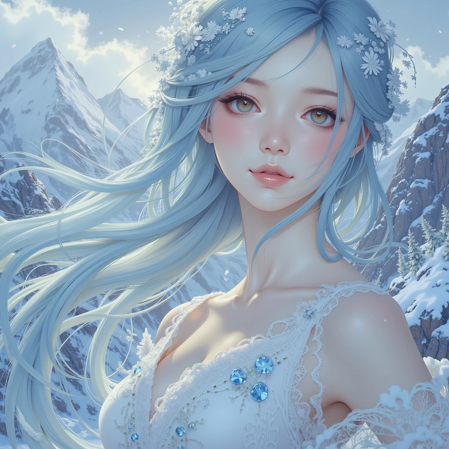 elegant ice goddess, body-hugging white dress, diamond crown, snowy mountains background, ethereal, fantasy, intricate details, photorealistic, 8k, detailed facial features, beautiful eyes, long eyelashes, sharp focus, dramatic lighting, glowing skin, flowing hair, ornate accessories, icy blue color palette, cinematic composition, dramatic atmosphere