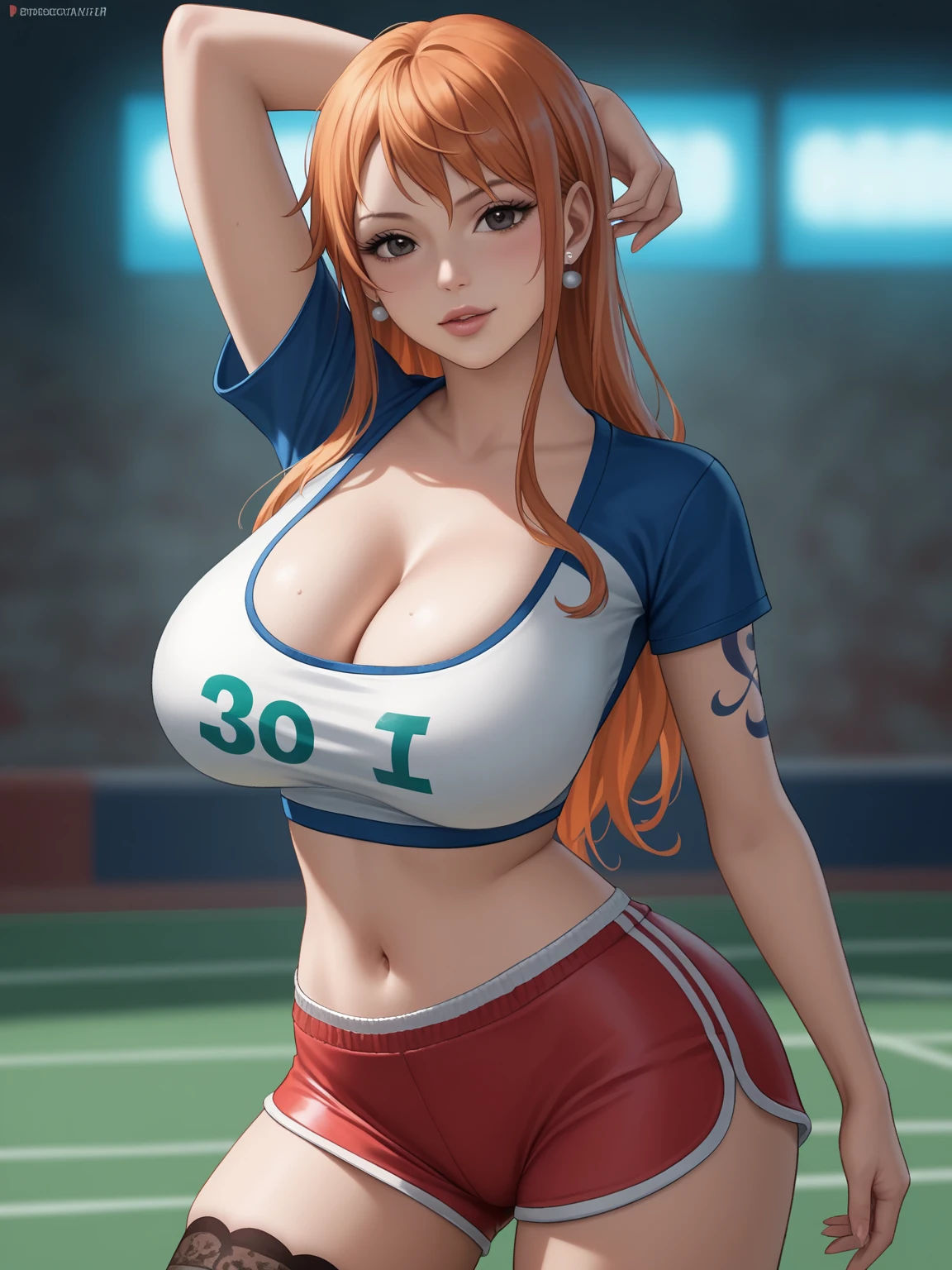 Honoka, sports服装，miniskirt,   university student，Pink Hair，Huge breasts，Cleavage，Low-cut，pantyhose，cute，necklace，earrings，Red lips，shy，sports装，Gym suit，physical education馆，sports场，physical education，sports，football field，Baseball uniform