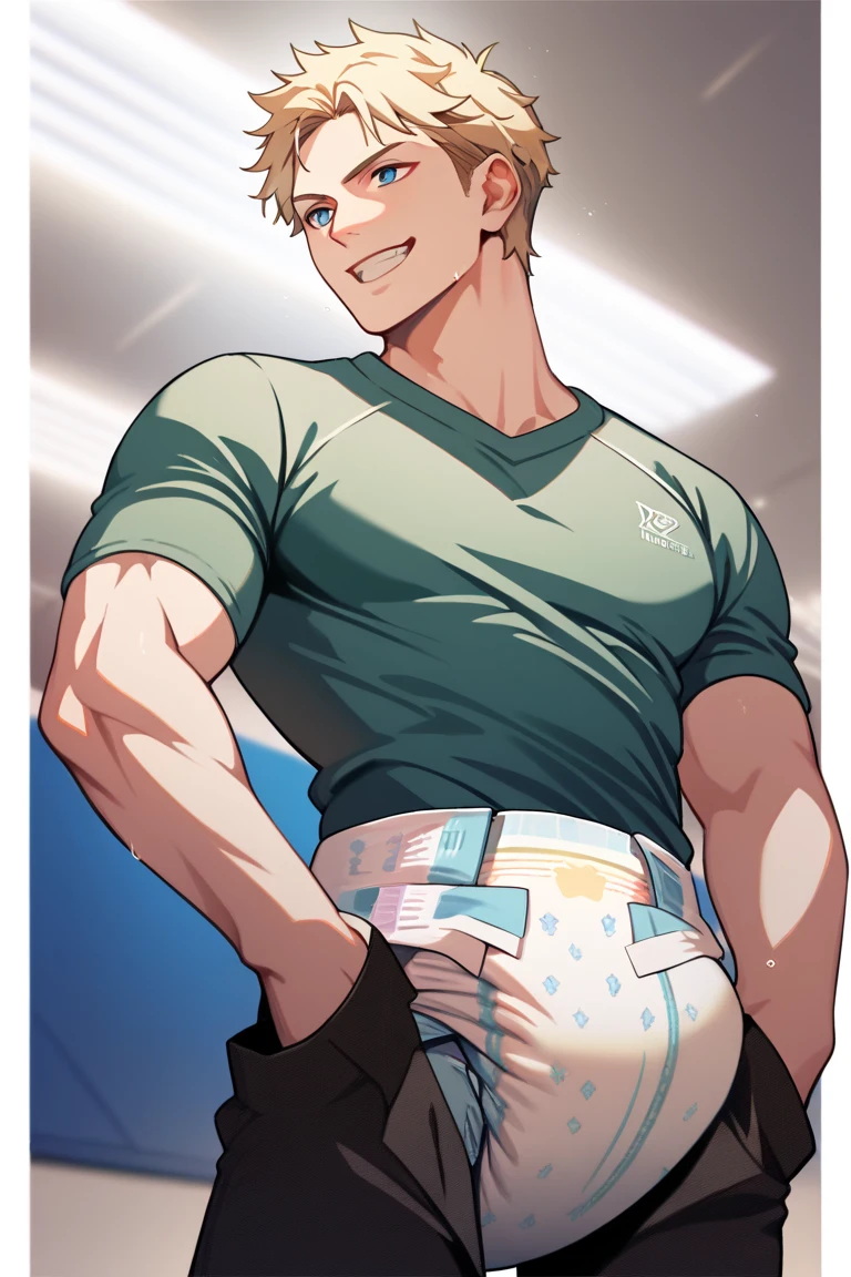 (Anime sharp lines, crisp lineart), masterpiece, best quality, solo, 1boy, 21yo Althletic twunk, (short hair crewcut hair dark blonde:1.2), shirtless, Spiderman patterned boxer shorts designed by (Calvin Klein), realistic, dramatic lighting, atmospheric, intricate detail, exhausted grin, sweaty, happy, in locker room,