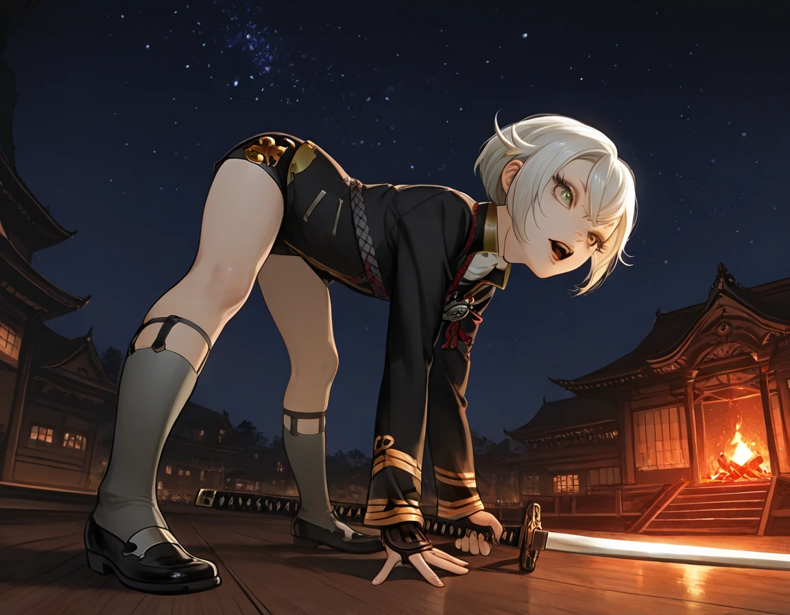 White short haired woman, with yellow eyes, mostrando os peitos, legs open showing pussy, with an angry face and a provocative look, Wearing traditional Chinese imperial clothing in gold and black, with red Hanafuda earrings, with a short red skirt. On your knees in a hotel room bed, with a sunset in the window in the background.