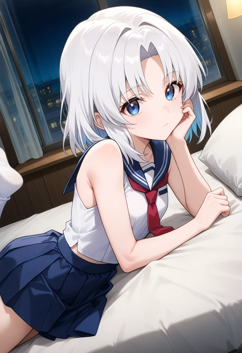 one girl, 15 years old, high school student, school blazer, beautiful and cute, medium breasts, lying on bed, sex, shirt, bow, spread legs, creampie