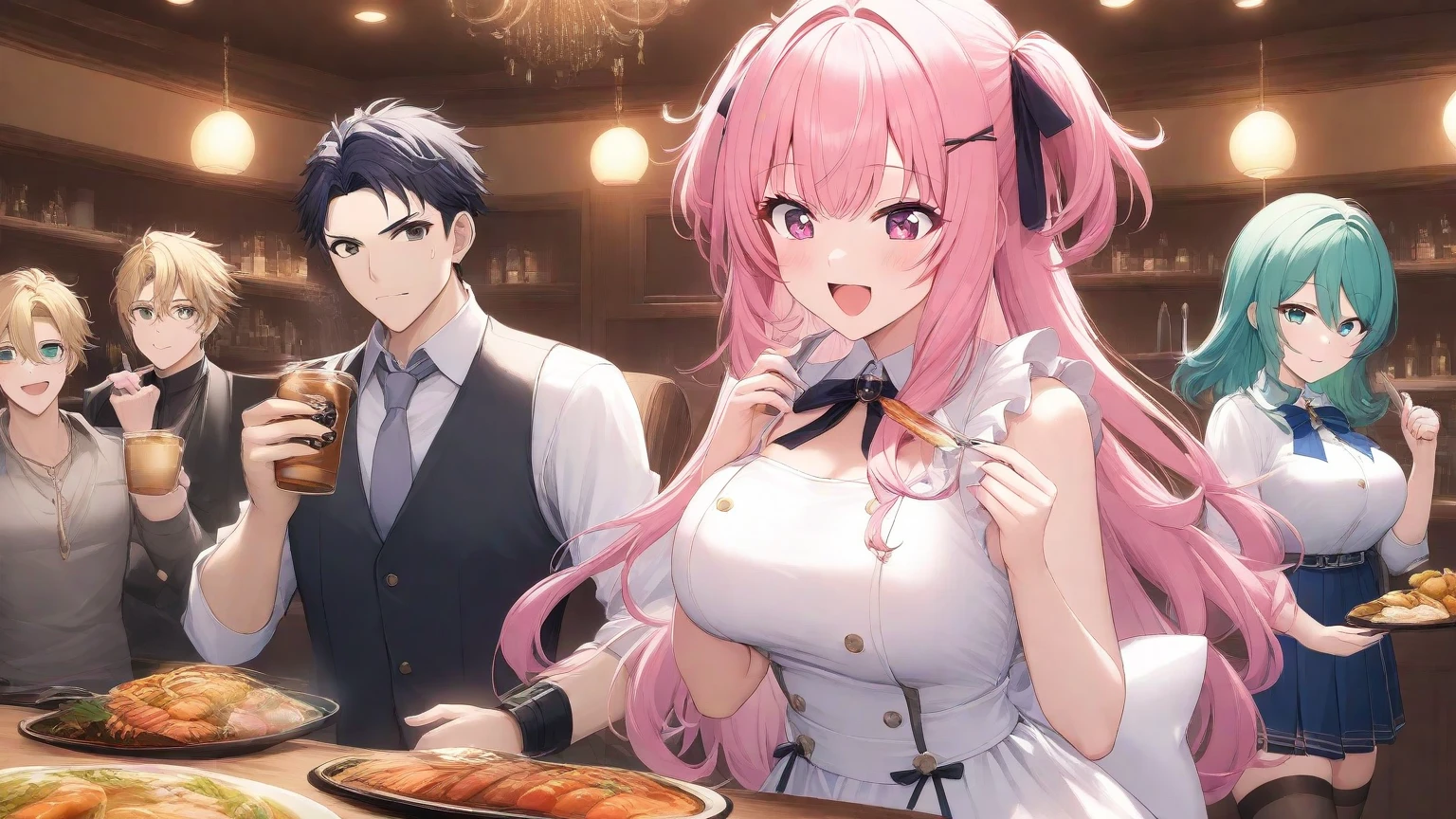 ３Merchant of People、The merchant in the middle is a pink-haired girl.、blue eyes、Smiling