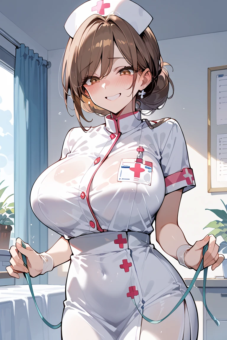 1 adult female、35-year-old woman、Huge breasts:1.5、sagging breast:1.5、Brown Hair、Light red eyes、Wavy Hair、Bobcut、milf、potbelly、Worried brow、smile、mole under eye、White nursing uniform、nurse、hospital、Hospital room、深夜のHospital room、Stethoscope