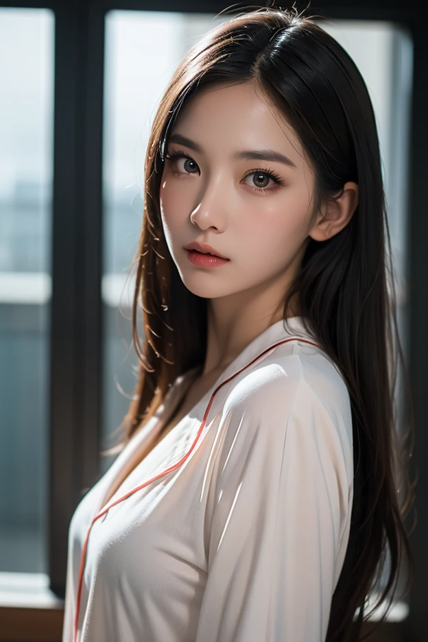 solo, masterpiece, High resolution, High detail, Highest quality, Very detailed, Ultra high definition, Textured skin, Black Hair, Medium Hair, Curly Hair, chest, Close your mouth, Background blur, realism, Surrealism, ,Cabin attendant,THAT,airport,