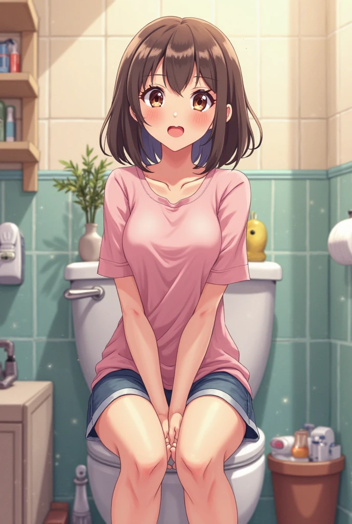1 mujer, hermosa, timida, sexy, desnuda, cabello negro, in bathroom