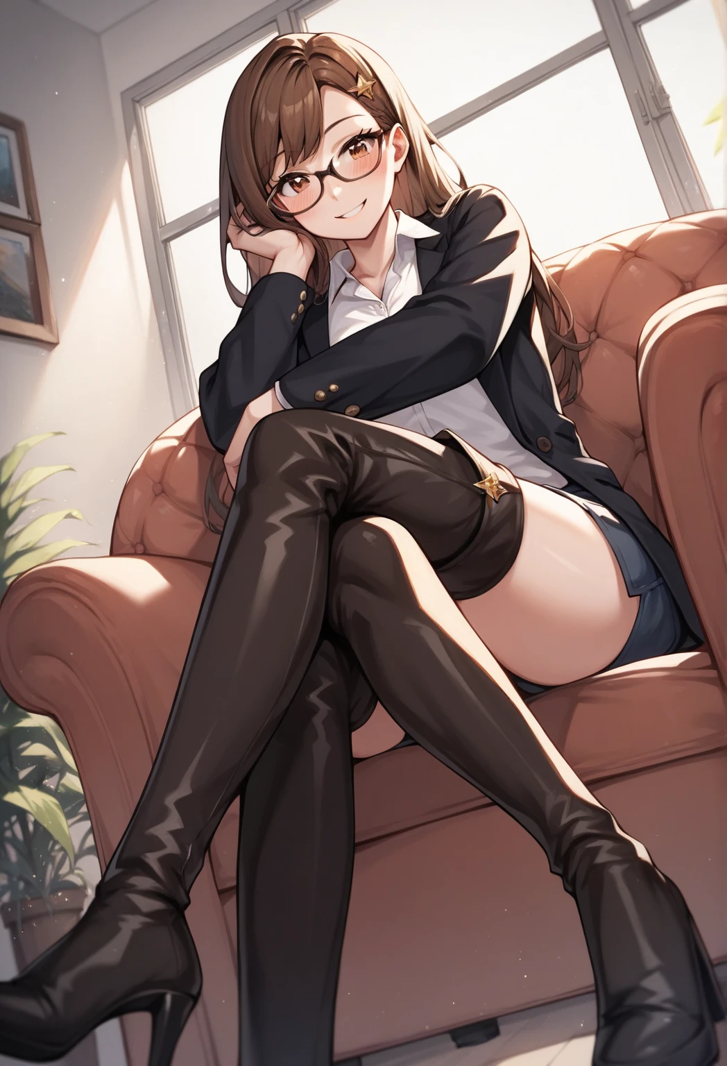 High resolution, adult woman , good lighting, despicable, , (No nudity), (((leather bikini))), (()), (((leather thigh high boots))), (garter belt), abdomen only, (Mansuji), , cute face, I'Iは恥ずかしくて赤面します, humiliating, ((spread your legs wide)), ((sit))