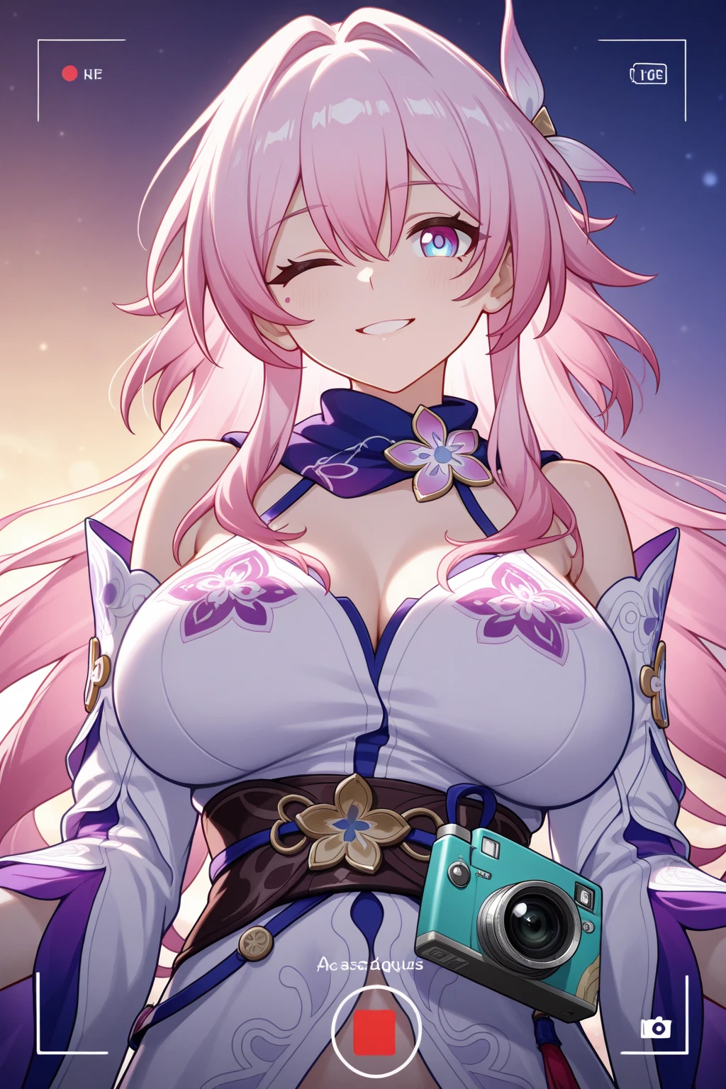 Yae_miko,Off-the-shoulder attire,(Lateral thoracic 1.3),(Large breasts),(No clothes around the neck 1.4),(No decoration on the chest),facial closeups,Raised sexy,NSFW,(cleavage 1.4),Top-down view,(Close-up 1.3), 1girll, Detached_Sleeves, jewely, cparted lips, Long_Hair, Long_Sleeves, Purple eye, A pink-haired, obi strip, 独奏, Wide_Sleeves,ssmile,
tmasterpiece,Best quality,8K,(Dreamy background),the cherry trees,Greenery,grassy fields,with blue sky and white clouds,Light wind