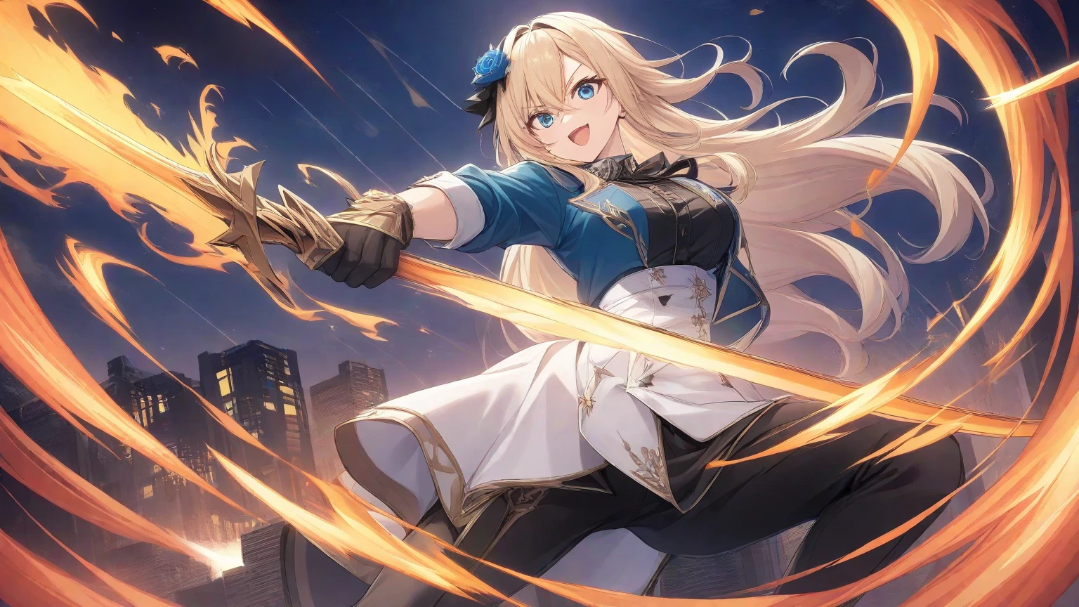 (highest quality)), ((masterpiece)), (Familiar), Perfect Face,Shiny skin,Beautiful breasts,how,Shiny skin、Kyoto Animation style painting、Golden Hair、Golden Eyes、Sunburned skin、night、Get Ready((Lift your legs))、((High Kick))、ruins、Combat Stance、Fishnet tights、Braided Hair、spats、inner、Combat Uniform、Blue clothes、Wearing a golden aura、Golden Mist、shock wave