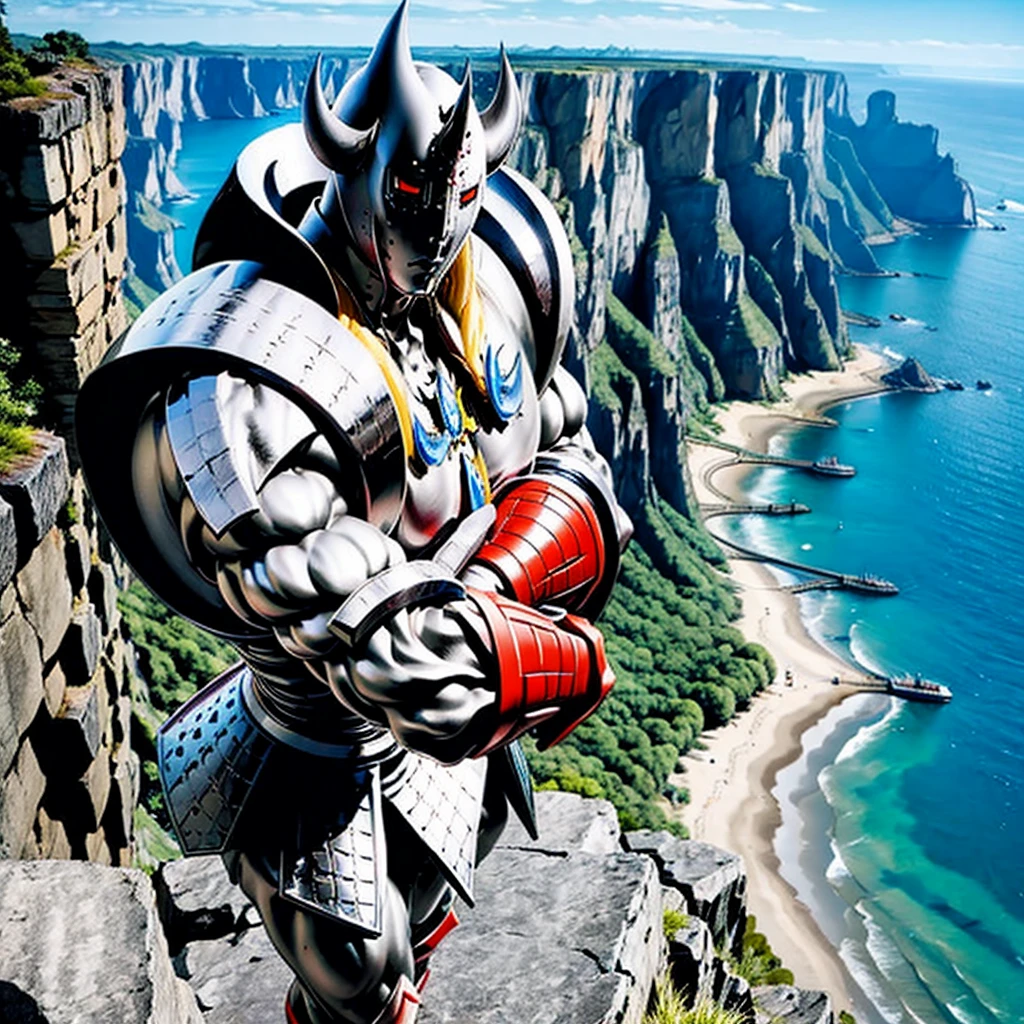 The Demon General has his arms folded、The location is on a cliff at the edge of the water.