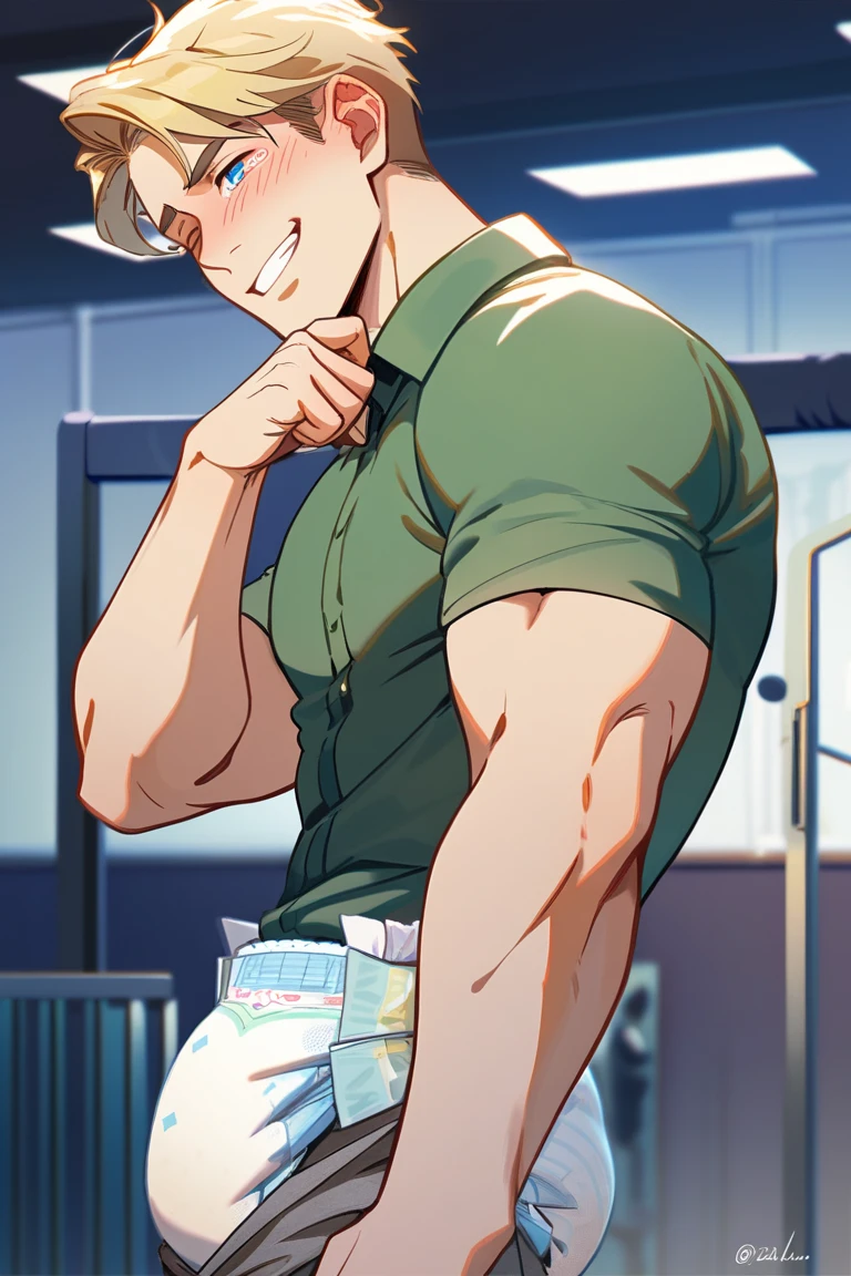 Masterpiece, Best quality, 1boy, VPL,  Buttoned shirt and tie, risque, Fake smile, Biceps, VPL, groping,