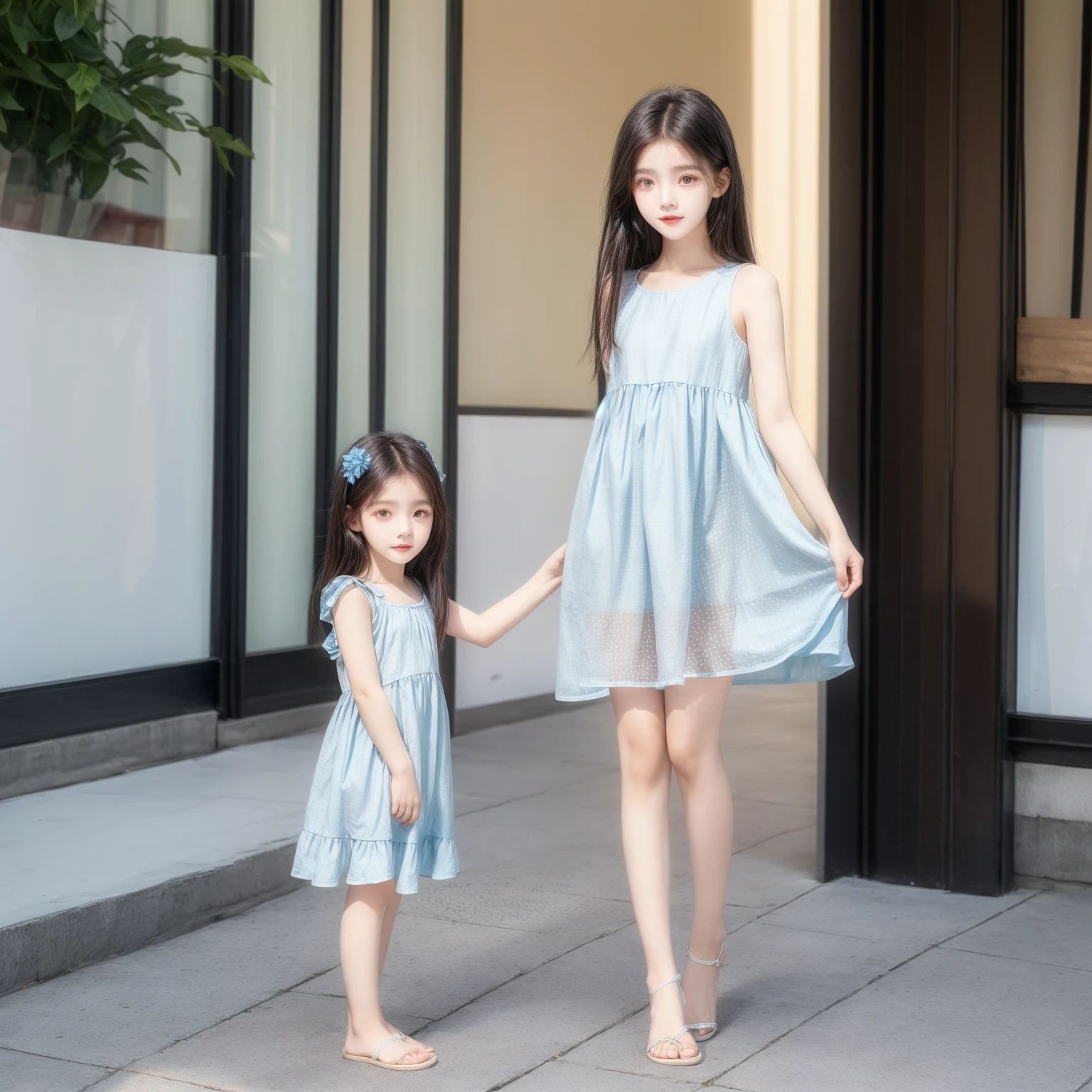 Woman and little girl walking hand in hand, frontal view, with brown hair in a light transparent blue dress and blue shoes stands on the path among huge multi-colored roses., against the background of the castle, full face