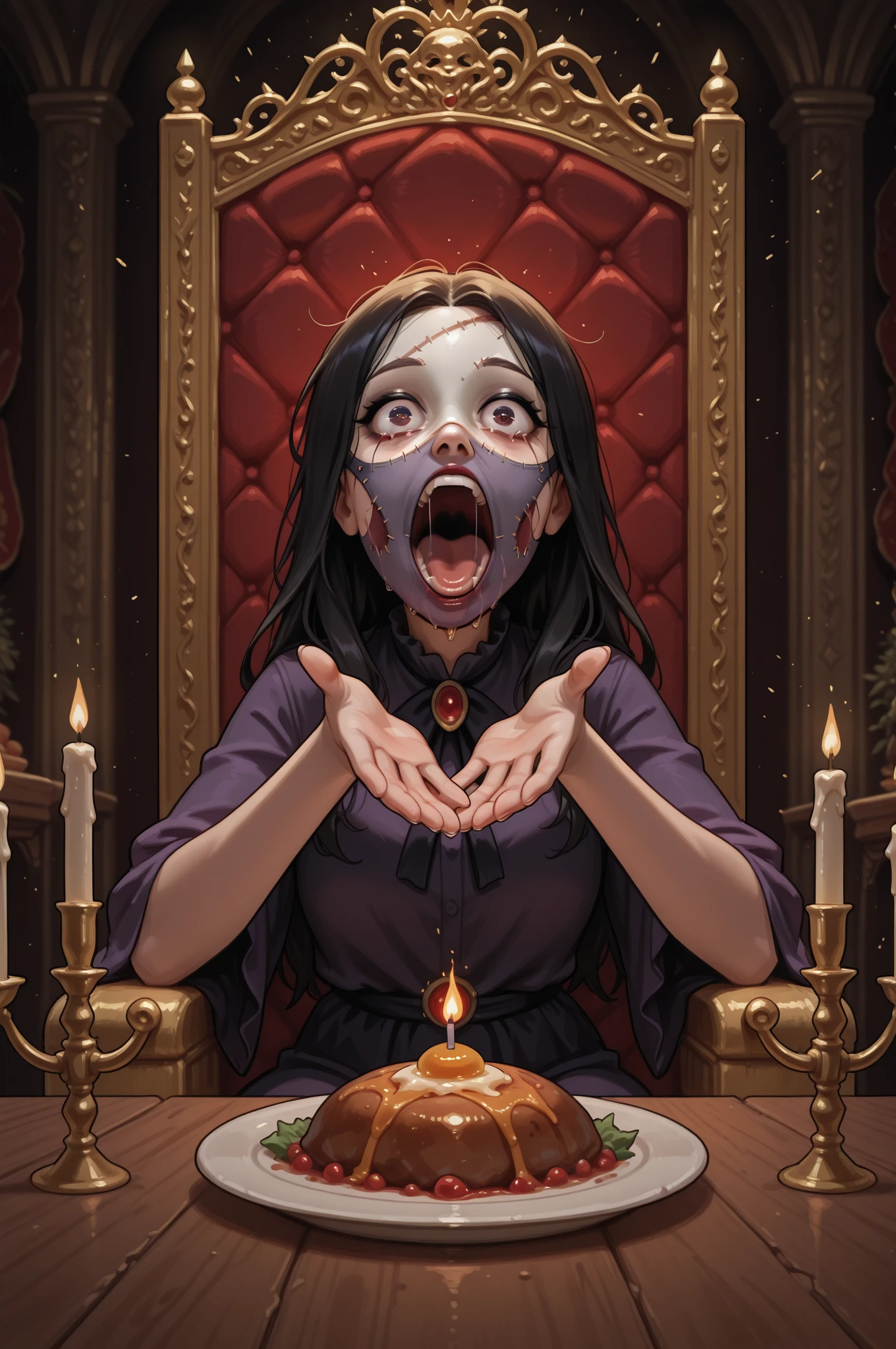 ((masterpiece)),((best quality)),8k,high detailed,ultra-detailed,intricate detail,Illustration,((1girl)),((abyss girl)),((intimidating:1.3)),open mouth,dominating the frame,terrifying,(devouring:1.2),a banquet table filled with an array of exotic dishes,Gluttony in all its glory,chaotic and frenzied,Elaborate Gothic banquet hall,dim candlelight casting eerie shadows,red and gold color scheme,Ethereal glitch,smoky atmosphere,dynamic composition,Maxon Cinema 4D rendering,capturing the grotesque beauty of excess,<lora:Abysshorror:1>,