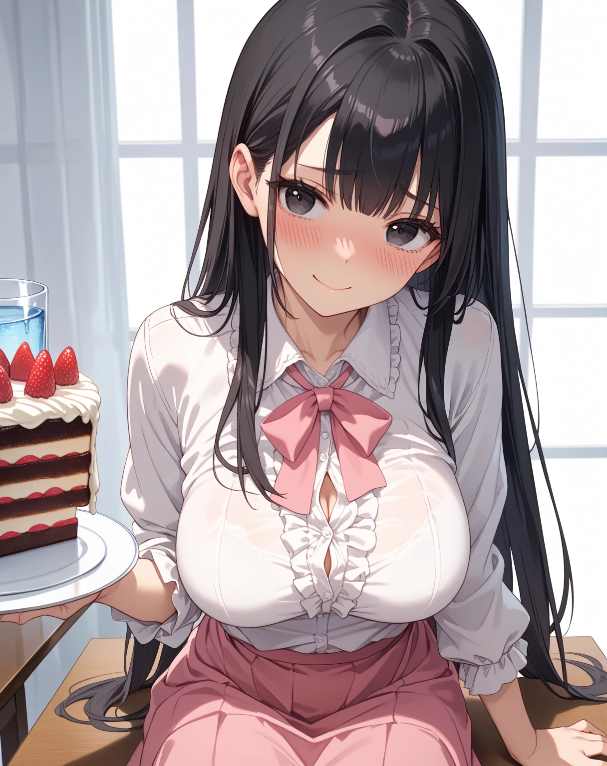 ((Highest quality)), ((masterpiece)), (detailed), One person,Age 25,(Black knit sweater),(mini skirt),Shoulder Bare,Big Breasts,blush,Underbust,(Her cleavage is visible),(Excited expression),(Seduce),night,indoor,Remains,nightのRemains,Dim lighting,(In a dimly lit room),(In a messy room),Browsing Caution,sexy,dirty,Sweat,(Black knee-high socks),(Hold your chest together with both hands),(Sticking out tongue),(A long ice cream sandwiched between her breasts),(The mouth becomes white and dirty)