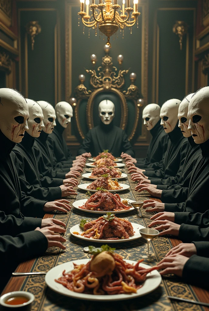 Best image quality, masterpiece, multiple men with strange appearance, mustache, long hair, very long neck, wearing old-fashioned suits, classic building outdoor garden party background, sitting around eating food, rough skin, deep wrinkles, detailed skin expression, gray skin (bleached skin), thin man, detailed image texture, grotesque, horror, eerie atmosphere (not AI image), cloudy weather, foggy