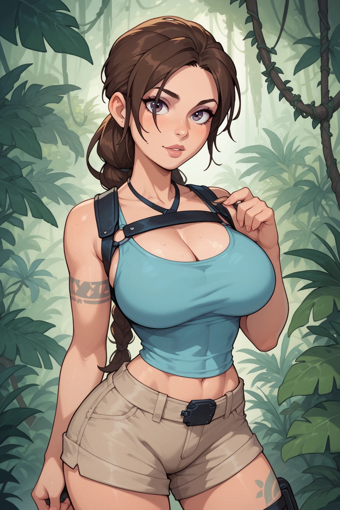 ((nude, ?????))), ((seductive posing, hairy pubic hair),(sexy, eye-catching, seductive) tomb raider, (detailed, beautiful), single braid ponytail (adventurous, determined) expression on her face, (long, flowing) brown hair, (fit, athletic) physique, (confident, powerful) posture, (visually stunning, vibrant) jungle background, (sunlight streaming through the trees, casting dramatic shadows), (crumbling ancient ruins in the distance), (mystical, hidden) artifacts, (exotic, dangerous) wildlife, (authentic, photorealistic) art style, (vivid, saturated) colors, (dynamic, dramatic) lighting, (best quality, high-res) image, (ultra-detailed, sharp focus) on the character, (professionally rendered, realistic) textures, (bokeh) effect for depth of field, no tattoos, huge breasts, light blue colored tank top, ripped tank top, rear view, show butt, short shorts
