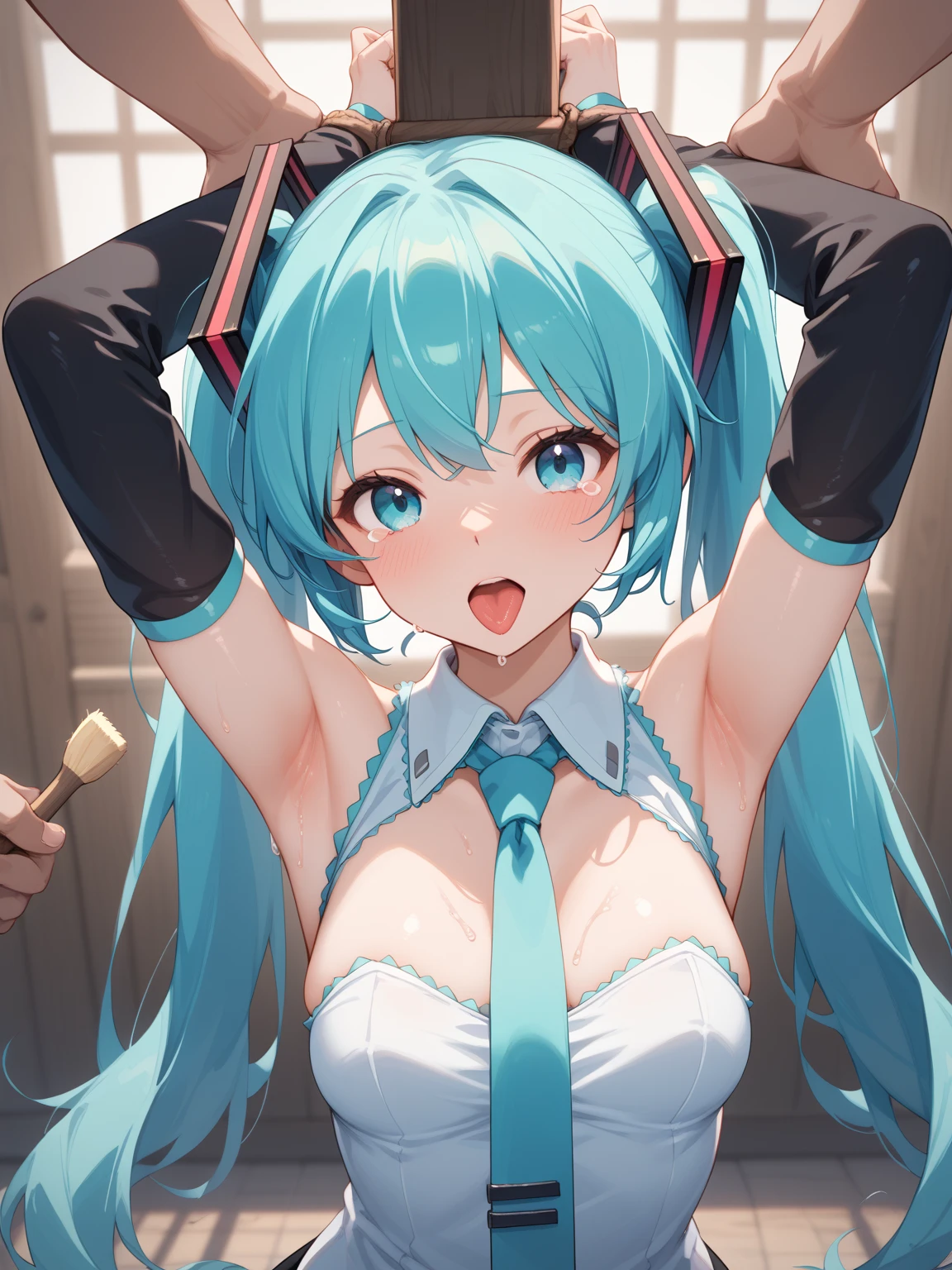 (((anime-style cute face)))、(((20-year-old woman))),(((The light blue twin tails have a lot of hair))),Highest quality, ((Sharp details)), (8k, RAW Photos, Highest quality, masterpiece), (looking at the camera),((((Cute Smile))))、Very big eyes、anatomically correct body、Big thighs、The face is bright、Professional Lighting、Cute little breasts、Cleavage、The collar is pink and white and frilly.、Cute red ribbon around the neck、(The black bikini has cute frills)、((The tight fitting black shiny leather jacket is open at the chest.:1.6))、(((The softly pleated mini skirt is lime green and black.+Isolated lively frills:1.8)))、(Shiny black knee-high socks)、(Shiny white leather gloves)、The wristband is a pink scrunchie、On the stage of the concert venue、Spotlights from all sides、Healthy female body、Erotic dance、Shoulder、Full body view、Shot from above、Fisheye Lens、Bust Emphasis、Nipples seem to be visible、