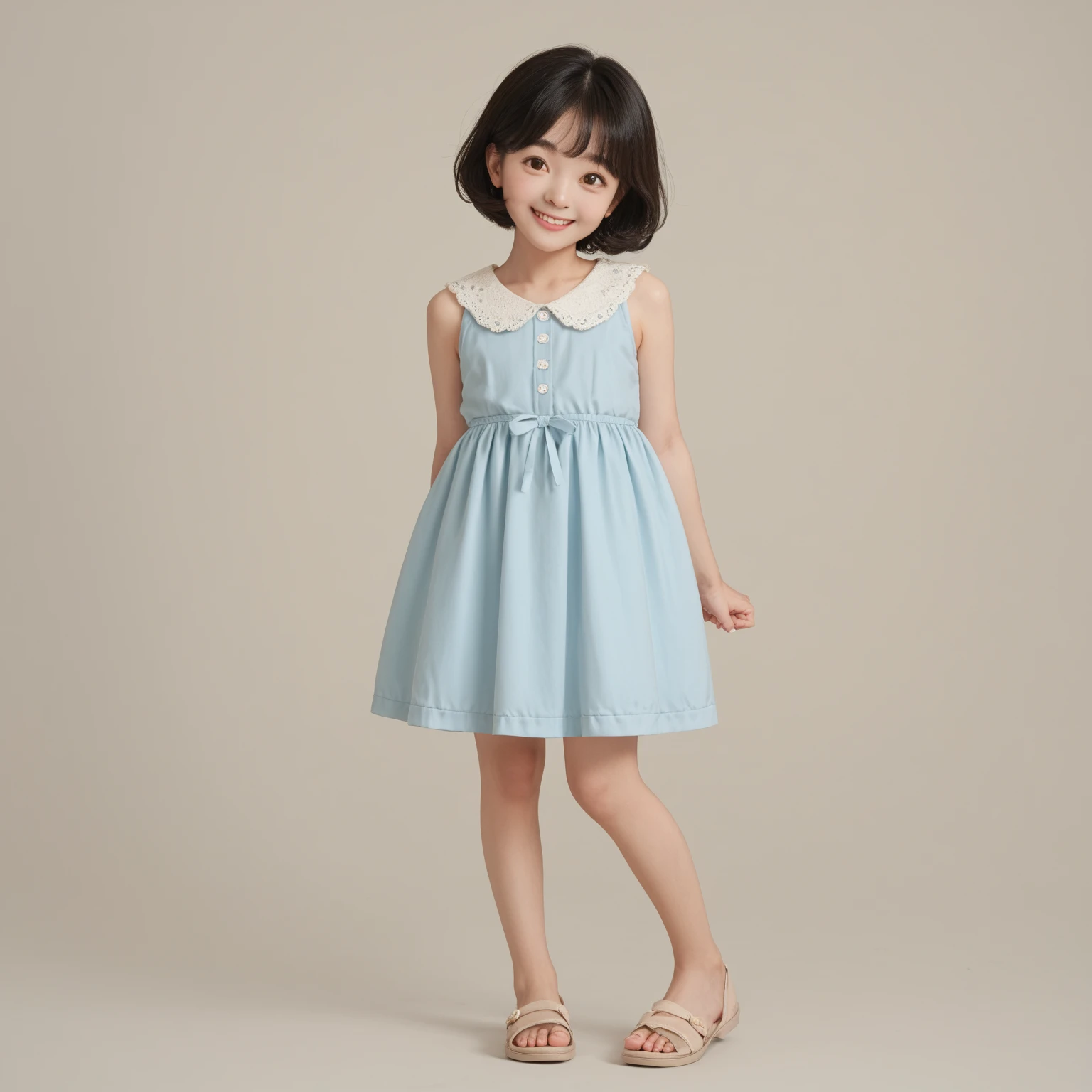 playfully toy story style doll, wearing blue dress, short brown hair, big black eyes, wearing black all star sneakers