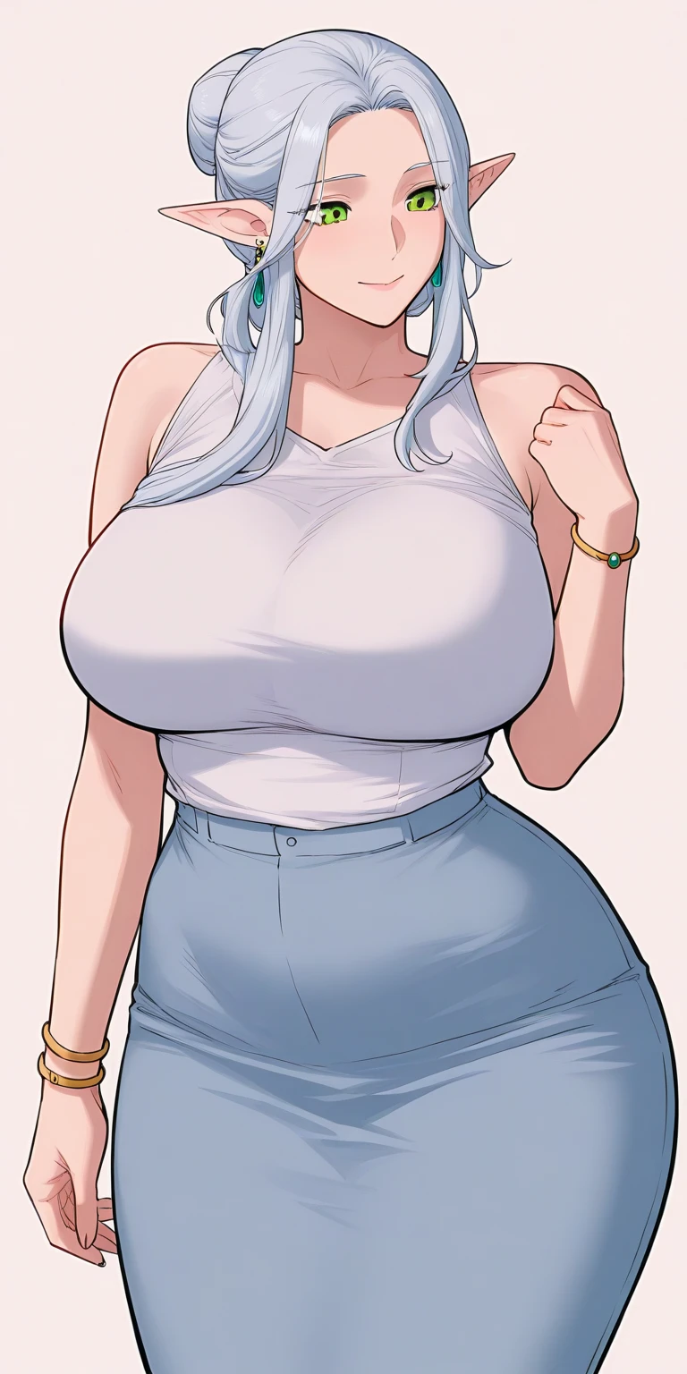 A dairy girl with white hair, a good figure, sexy, plump breasts, wearing a t-shirt and shorts. Expressing an uncomfortable expression