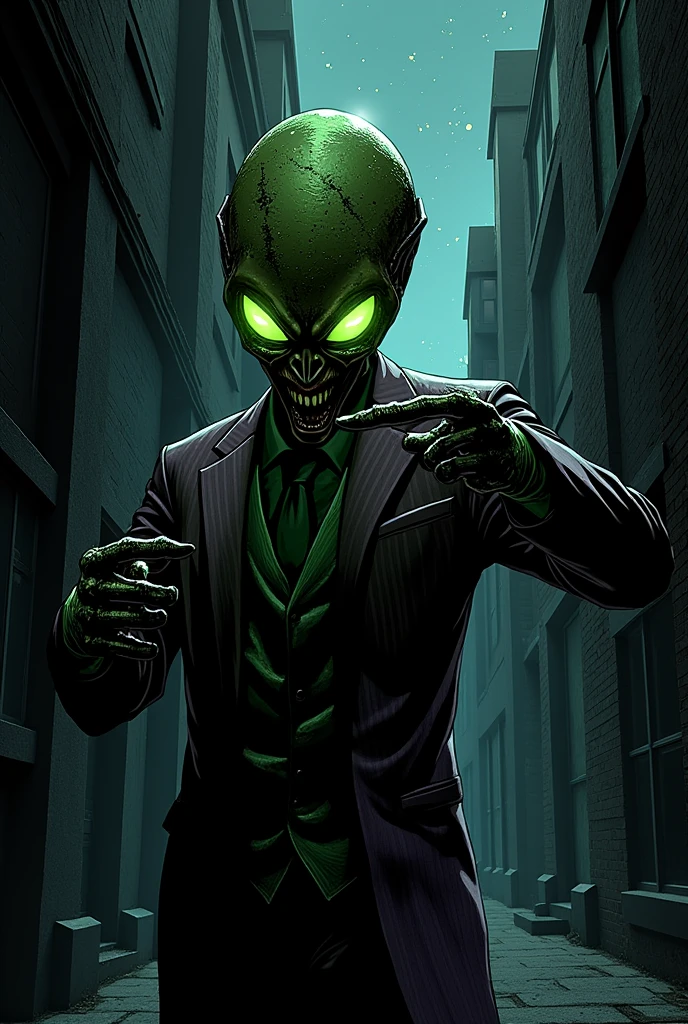 masterpiece, best quality, sharp teeth, green skin, slimy tentacles, business suit, black tie, evil grin, glowing green eyes, miasma