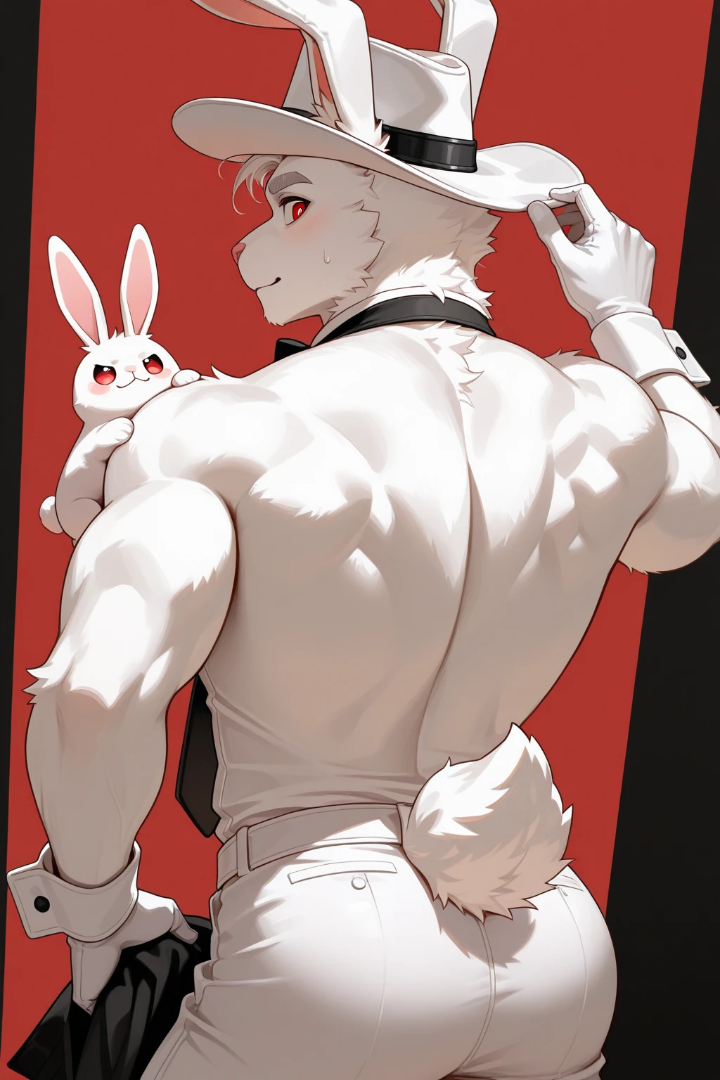 Medium muscular, rabbit, light gray, light gray rabbit, rabbit in underwear, black underwear, box underwear, long ears, from back, back view, posing, with short tail, tail, rabbit tail, bunny, bunny tail, anatomy, good anatomy, perfect anatomy, male anatomy, perfect body, By mystikfox61