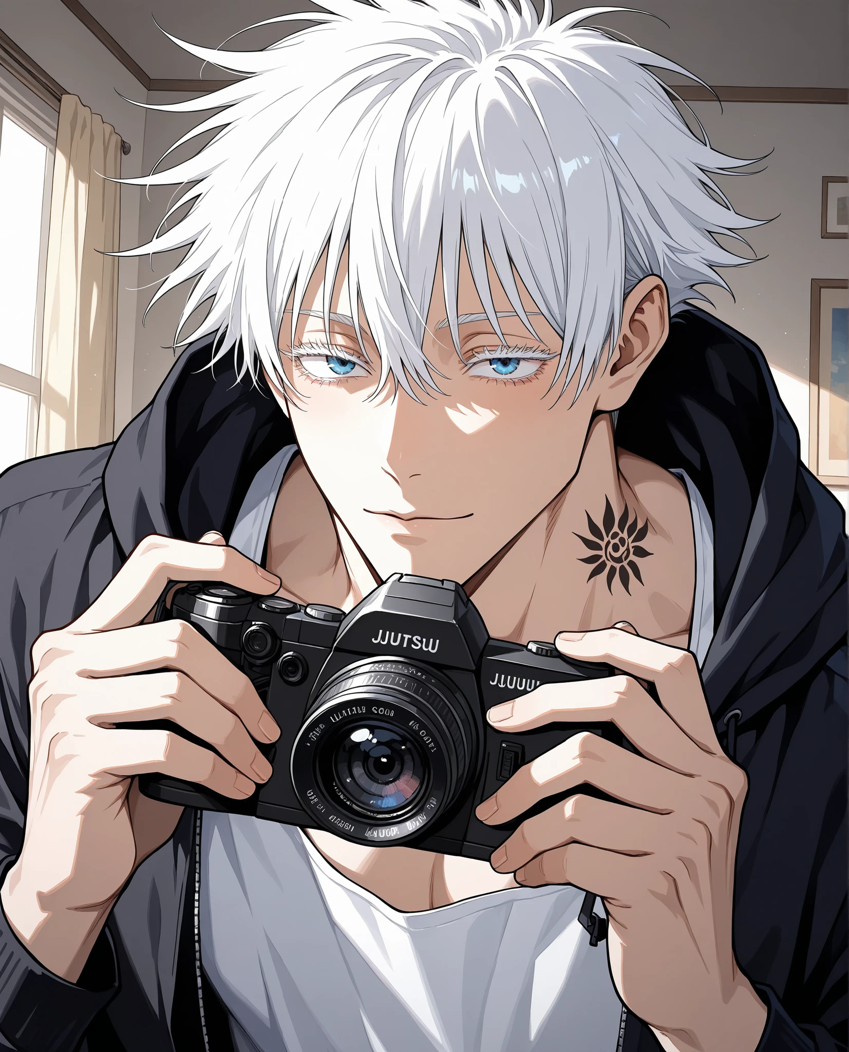 Satoru Gojo,adult, jujutsu kaisen, white hair, short hair, ((hair between eyes)), colored eyelashes, white eyelashes, blue eyes, intricate eye iris, detailed eyes, muscular male, sexy man, handsome man, handsome face, holding a camera, tattoos on his neck and fingers, tired expression, bad guy, unzip black hoodie, white tank top, sketch, black and white, studio room background, drawing style,Realistic facial features, detailed features, well-defined features, semi-realistic style, painted style, detailed style, solo, painted style, minimalism, beautiful face, adult male style, short hair, beautiful eyes, beautiful face.