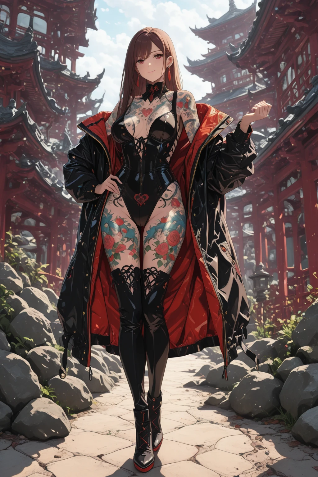 A seductive MILF Muslim, wearing provocative PVC pink corset lingerie, a silk headscarf, and stockings. Her body is adorned with intricate tattoos, standing in the middle of a green field, full of Sakura flower, ine the middle of a garden, heavenly scenery, sunny day, vivid, cinematic