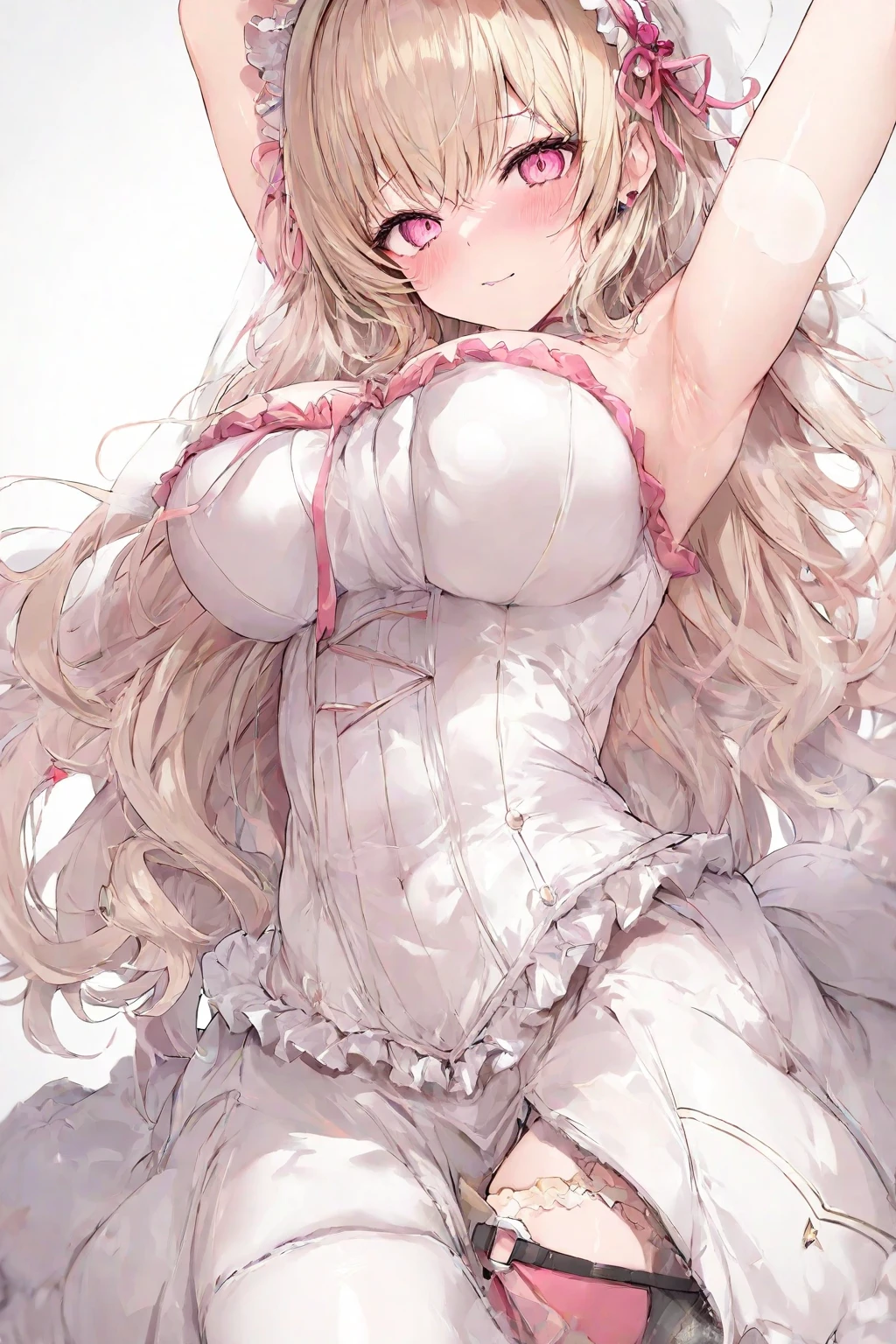 (Masterpiece: 1.4), (Best quality: 1.4), 8K, HD, ultra clear,1girl,(big breasts:1.4),blond hair,(Heart-shaped pupil:1.3),(Tongue out:1.2),scared:1.3,(cry:1.3),princess,Bare abdomen,White lace underwear,Skirt,(Looking up),night,bedroom,necklace,Messy clothes,long hair