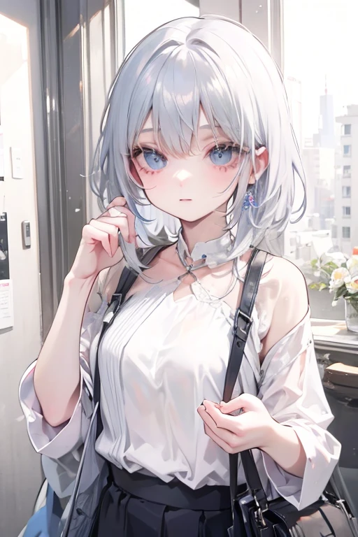 ((female)), (solo:1.2), ((masterpiece)), ((pale skin)), ((detailed eyes)), (bokeh effect), (dynamic angle), dynamic pose, white hair, black hair, gradient hair, short hair, interior, (x-shaped pupils), (single bare shoulder shirt short:1.4), bare shoulder, ((casual shirt)), (black eyes), (collarbone)