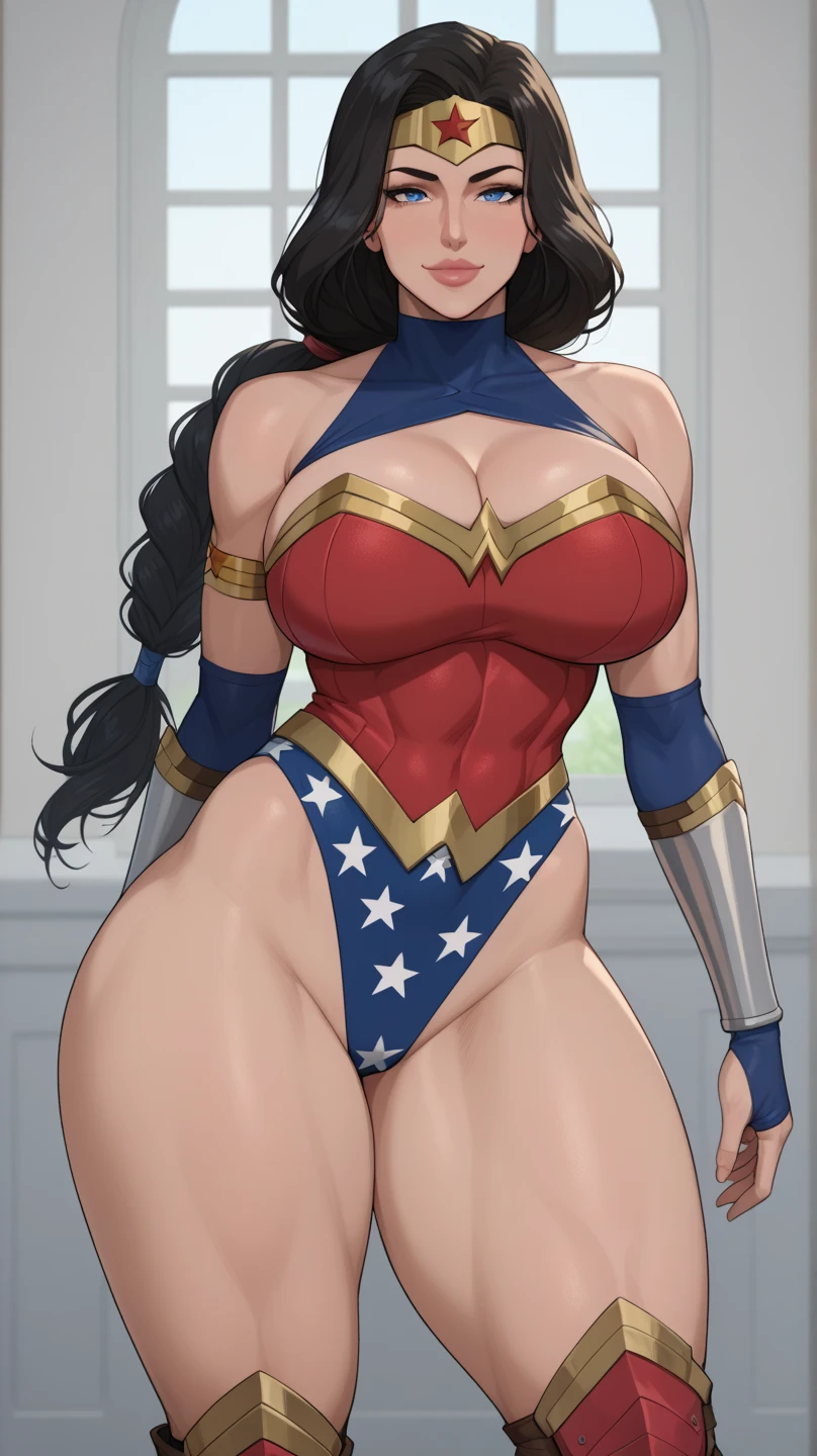 Extremely cute girl, big sized breasts, smiling, wonder woman costume, happy girl, cute smile, hands up, cleavage, MILFs, thigh legs, short dark blue hair, hair over shoulder, white eyes, wonder woman costume, perfect curvy shaped body, ultra realistic squinting sexy eyes massive sized breasts, standing, thigh legs, white eyes, beautiful and perfect face, sunlight and garden background, short hair, white colour eyes