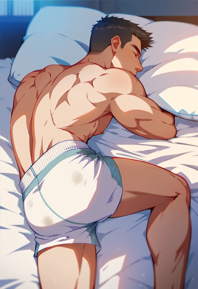 Boy scrunching his sweaty soles in socks while laying in bed