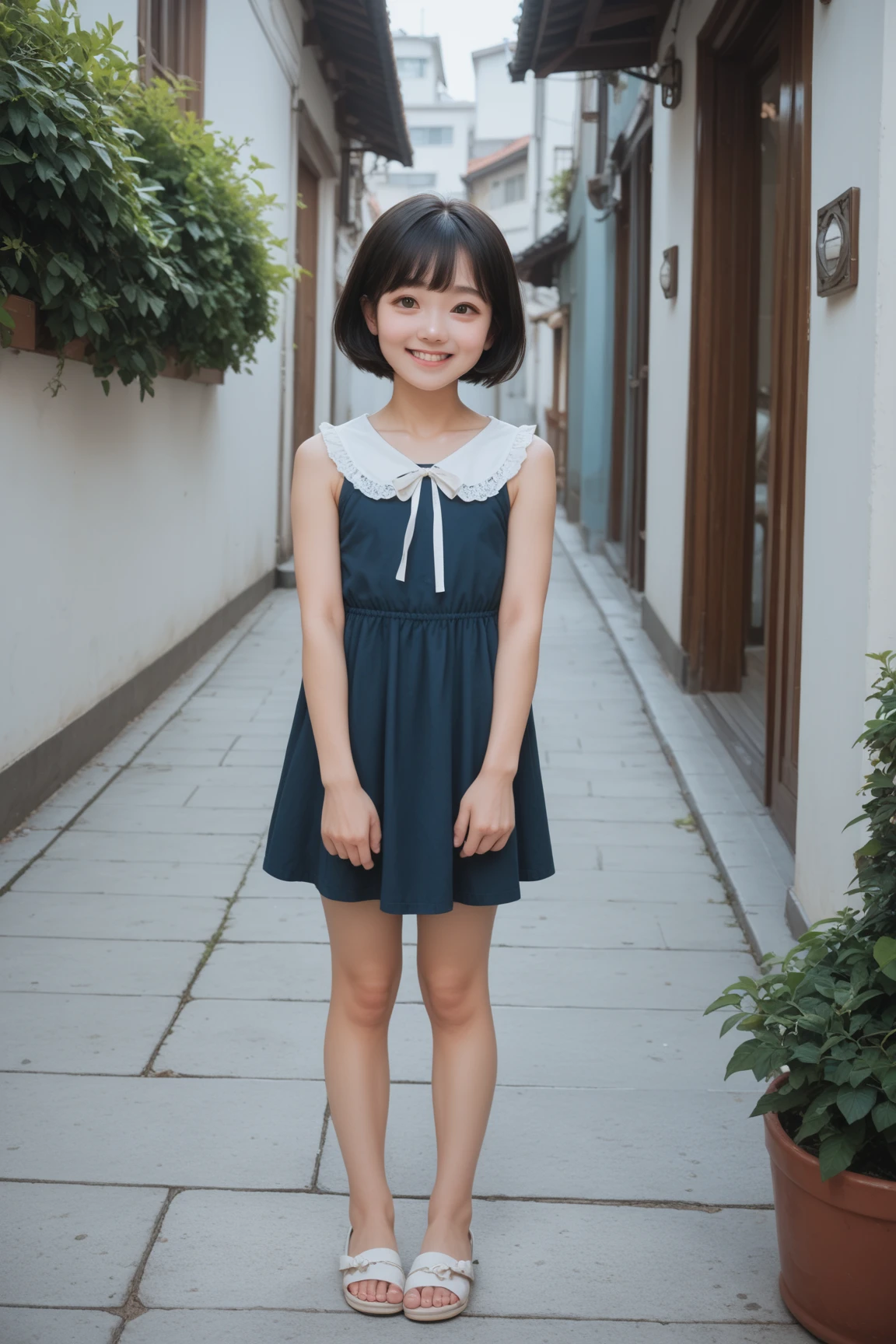 One girl, Navy blue dress,  (Masterpiece), (Realistic), (Ultra fine), (beautiful),  White Wall, Smile, 