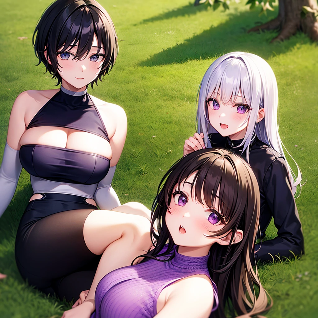 5 girls, (Curvaceous figure, imposing presence, dark hair, striking green eyes, authoritative demeanor.) (Softened figure, gray-haired, emerald-green eyes, charming demeanor.) (Petite, voluptuous, black hair, emerald-green eyes, innocent-looking yet sensual.) (Small-framed, delicate, blonde hair, striking azure-blue eyes, naive yet mischievous aura.)