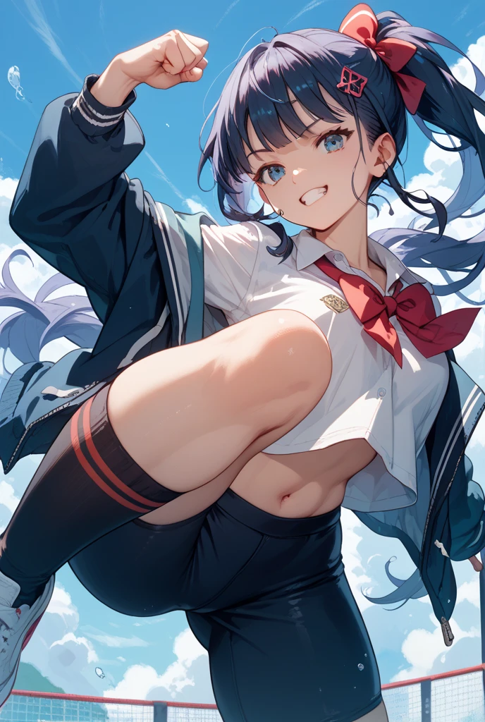 (full body),1 girl, alone, smile, Open your mouth, angelMagicalClothes，Blue eyes，Black Hair，Long Hair，White school swimsuit，1 girl, masterpiece, High quality, 最high quality,  Beautiful background, Particles of light, Light of the sun, Dramatic lighting, outside, Shiny, Realistic, 最high quality, Very detailed, Get used to it, scenery, beautifullyて細かい目, Thinning hair，Full Body Shot，((Very detailedな背景)), ((Cowboy Shot,Dynamic Angle))，1 girl,(Shiny肌:1.3),(beautifully濃厚な肌),(Thinning hair), masterpiece, high quality, High resolution, Confused,(beautifully、beautiful:1.2), Beautiful Hands, (4K), 8k, Perfect balance,(Very detailedな CG Unity 8k 壁紙), Perfect hands, Embarrassing, Intricate details,Written boundary depth,Professional photography, Bokeh, High resolution, Sharp details, 最high quality, Thick thighs,