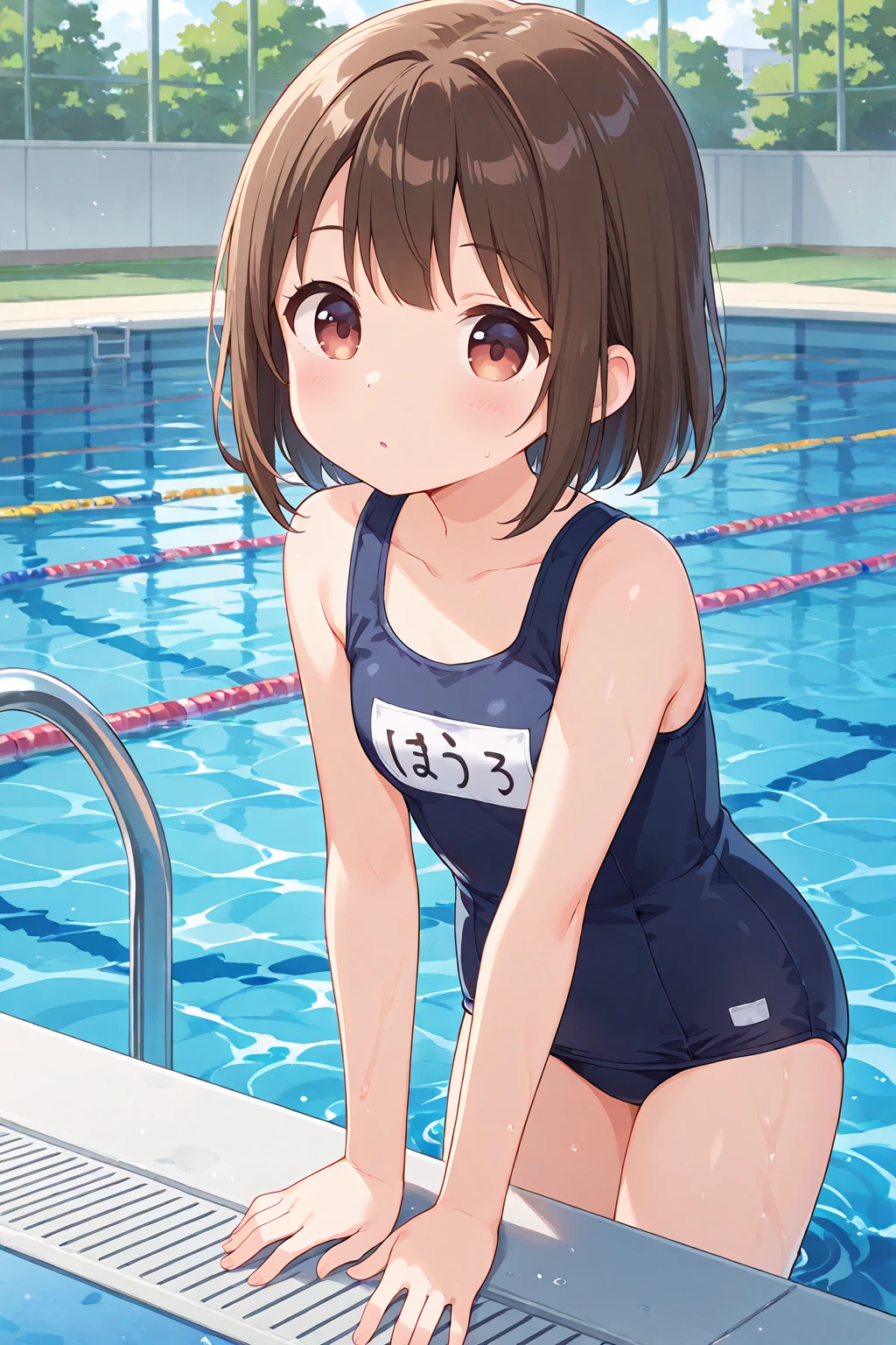 quality、The limbs are intact、complete finger、slim and beautiful、1 person、School swim wear、bob cuts、on all fours、embarrassed expression