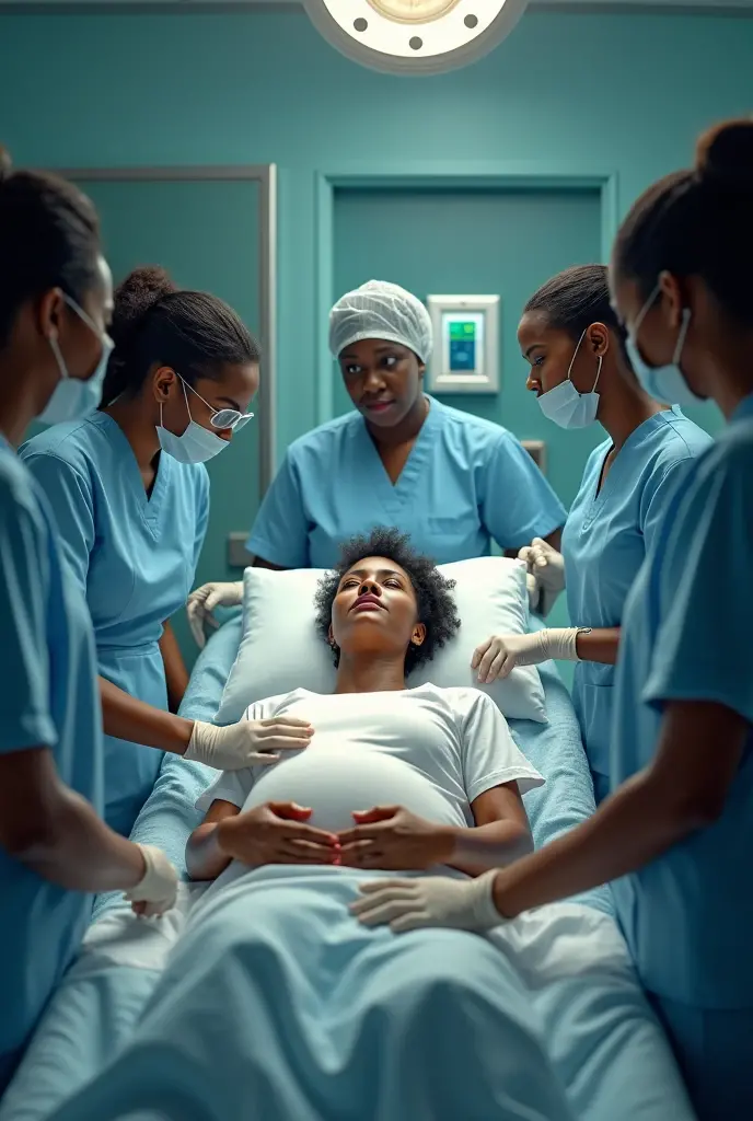 Generate image of African Igbo maternity hospital with pregnant woman named chioma in the theatre room ready to deliver surrounded by a nurse lady named nkechi a lady of about 35years and a midwife woman of about 50years delivering a baby