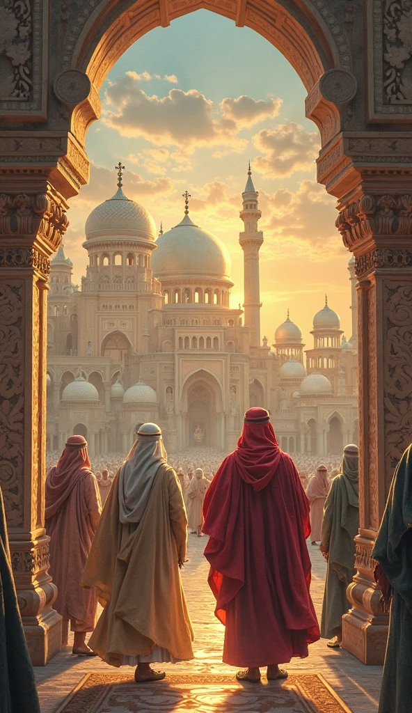 Create a photorealistic image of an Ethiopian classic Orthodox church with seven doms built on Mars ,large number of prayers wearing white cottonn clothes, the prayers stay on air only,the scene like dune film,dust storm, green,yellow and red fabric hanging over the prayers waving,add Ethiopian flag strip on their cloth.