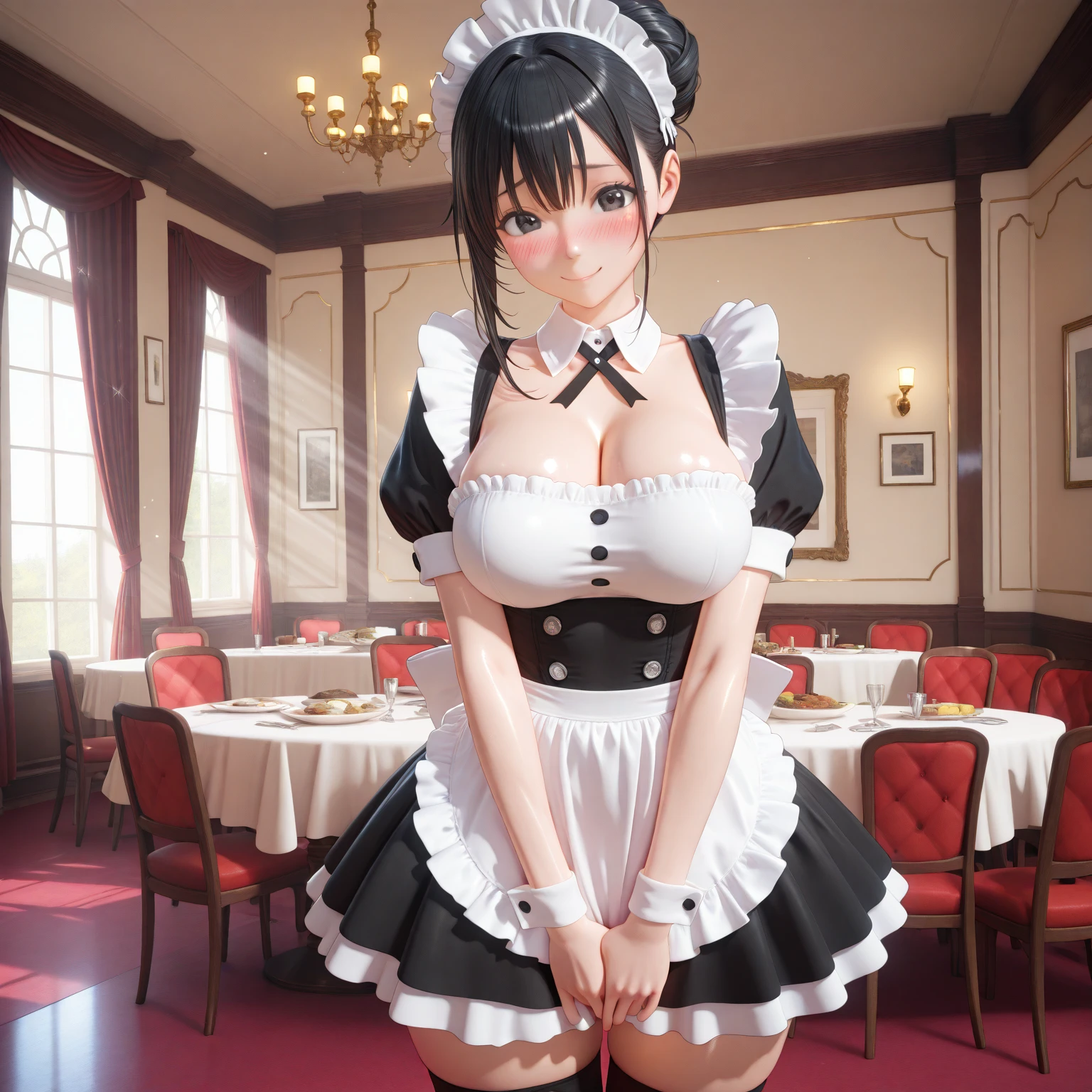 1girl, (17 years old), japanese, super straight long black hair, long silky bangs, Shining pale light blue anime eyes, (smiling broadly:1.2), (huge breasts:1.8), (ass), ((playboy bunny, pantyhose, bunny ears, highleg, highleg leotard, black leotard, leotard, cuff links)), at casino, she have a tray with some cocktails on it