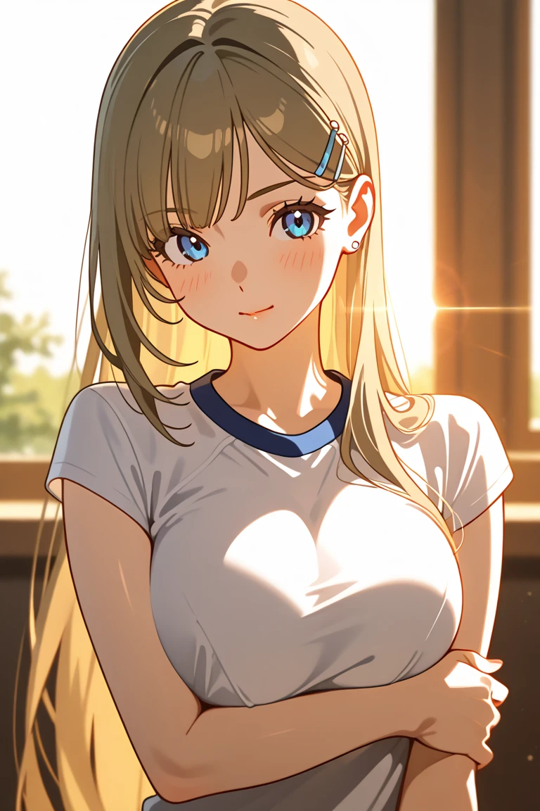 (High quality, High resolution, Fine details), (evening shower), (Rays of light from a hazy sky), (Rainbow in the distance), BREAK Underwear showing through a white blouse, BREAK Navy blue pleated skirt, solo, curvy women, light brown hair, sparkling eyes, (Detailed eyes:1.2), smile, blush, Sweat, Oily skin, Pastel tones, shallow depth of field
