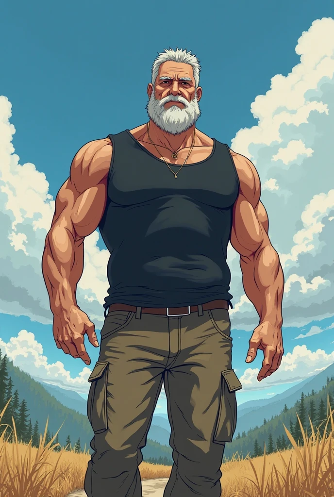 disney art style, semirealistic, huge muscular old man wearing shorts, shirtless, topless, massive muscle, muscle, pectoral, thick arms