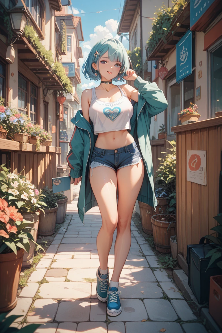 1girl , a 17 yo girl , 17 years old , super adorable , full head ,(Body : (small breasts) , Skinny ) , ((tmasterpiece)) , (Very detailed CG unity 8K wallpaper) , best qualtiy , cinematic lighting , (hi-top fade:1.3) , dark themed , Muted Tones , Subdued Color , highly contrast , (natural skin textures , Hyper-Realism , Soft light , sharp) , (Hair : (Light Cyan Hair:1.5) , (shoulder-length hair) , ponytail , (Cyan Blue eyes:1.5) , beautiful detailed eyes , (Bright eyes:1.5) , (Very fine and beautiful) , (Beautiful and detailed eye description) , ( Background : (Random Amusement park at night Background) ) , Blur Background , (Topless) , Periwinkle Big Shape Jeans , Light cyan Furry Strapped Combat Bootie Boots , Full body shot , random view ,(Joyful Emotion:1.5) , Happy expression , (Pose : random pose , smile shy ) , (hair covers one eye : 1.5), Navel, small breast