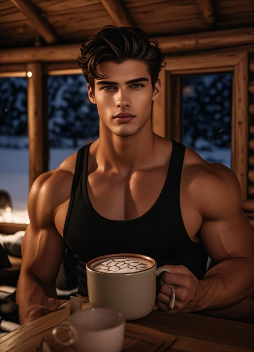 Muscular 42yo man wakening-up on bed body, morning-wood bulge, nice hairy chest, sweating drops, vivid color lips, moaning pleasure face, drinking coffee, morning sun rise, staring at camera.