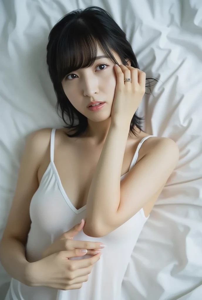 ((lying:1.5)), ((lying:1.5)), ((lying:1.5)), ((lying:1.5)), ((overhead shot:1.5)), ((overhead shot:1.5)), ((overhead shot:1.5)), ((Supine Position:1.5)), ((Photographed from directly above:1.5)), ((take a photo from directly above:1.5)), ((From above:1.5)), ((Photographed from directly above:1.5)), ((on bed:1.5)), ((on bed:1.5)), ((Hotel Bed:1.5)).
((one woman,1 female)), ((wearing a transparent white blouse:1.5)), ((mini skirt:1.5)).
((beautiful straight black long hair:1.5)), (bangs:1.7), (small natural breasts:1,7), ((flat chest:1.8)).
((looking at viewer:1.5)), ((look into the viewer's eyes:1.5)), ((Looking into the camera:1.5)), ((Viewer's line of sight:1.5)), Elderly face, ((upset:1.5)), ((bashful:1.5)), strong maternal qualities, Staring at this, Face is close, Staring at this, Ultra-fine, Beautiful Hair, Transparent Photo, Have a look at this, Perfect Fingers, Perfect Face, Detailed Background, Fair skin, Translucent white skin, Perfect Fingers, Detailed Background, Highest quality, very High resolution, Perfect Anatomy, High resolution, RAW color photos, Professional photography, Very delicate, Very detailed, Finely detailed, Large file size, Best image quality, 16K, Award-winning works, Tabletop, Professional Photography,