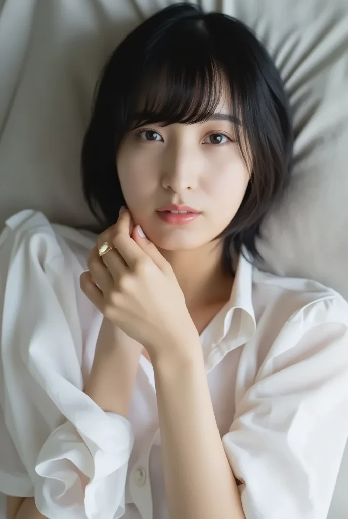 one woman,japanese,Whiteshirt,lying down,cute face,bob hair,black hair,from above,on the bed,Japanese,Taking a selfie,Third-party perspective