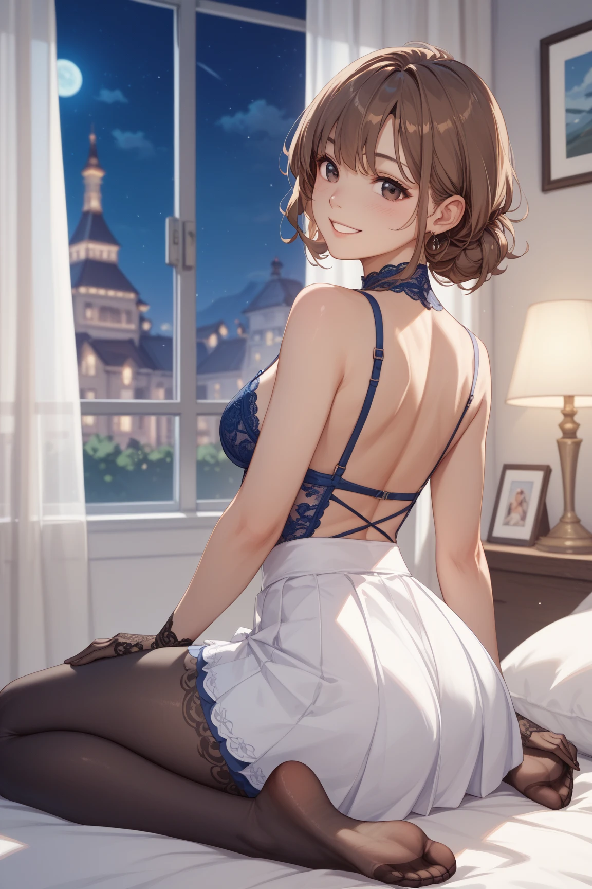 Photography of fashion models., big breasts, ballet dress, strong sense of design, medium shot, South African girl, short hair, Hair Accessories, delicate skin, smile, simple background, high texture, dazzling backlight, professional studio lighting
