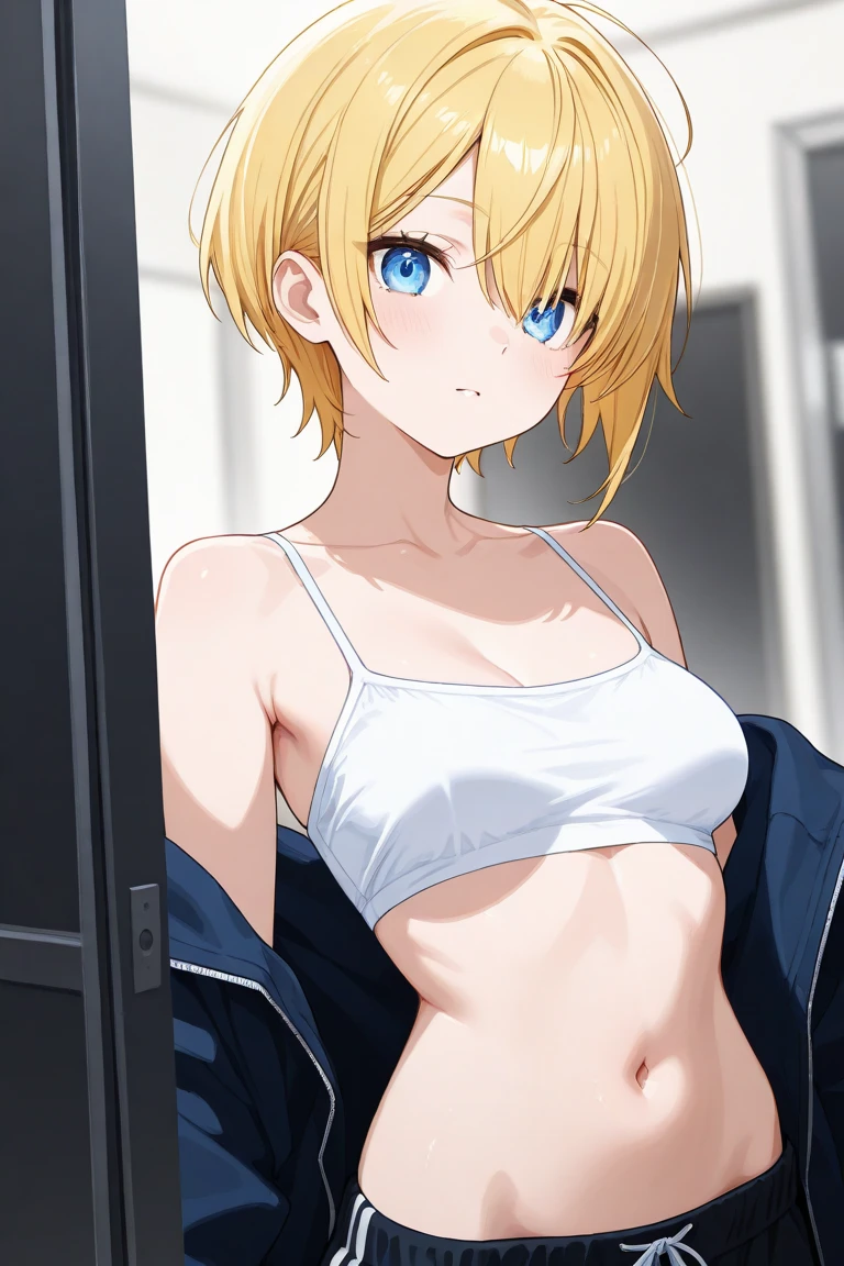 masterpiece, best quality, ameliaschulz, 1girl, (bikini), medium breasts, navel, annoyed, closed mouth, indoors, solo, highres, <lora:amaliaschulz:0.95>