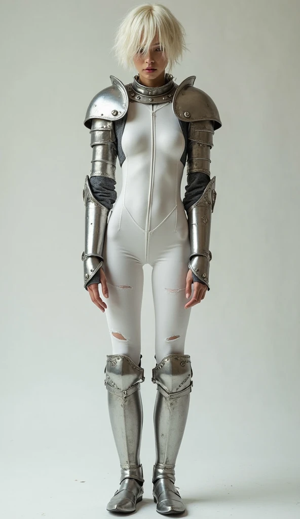 close-up, woman (short blonde hair, armor shouders, metal boots, short silver gloves, silver skirt), ((white compression bodysuit with sleeves, white sleeve compression pants)), standing, looking at viewer, front view, in a desert with plants, HDR