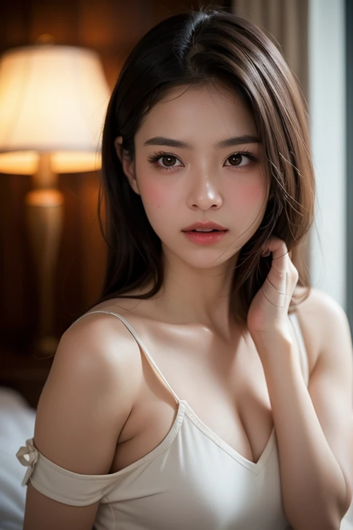 (realistic、masterpiece、Best Quality、8K、highres、high resolution:1.3)、1 girl、Huge breasts、white bikini、pale white skin、looking at viewers、super fine face and eyes、long hair、indoor、 upper body、