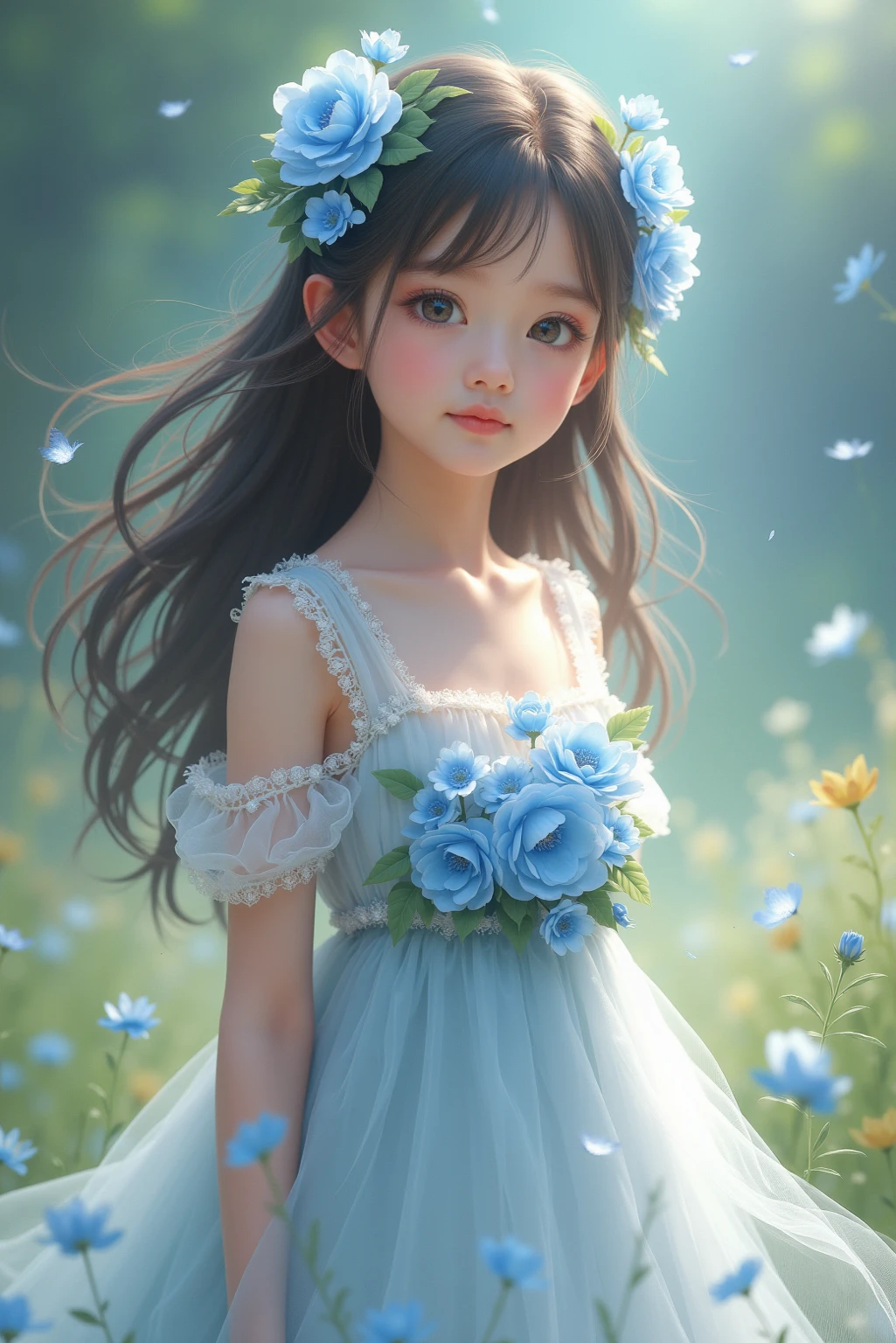 Four year old girl, Long straight dark hair, big brown eyes, pretty and delicate, Smiling with a little blue bird.
She's dressed like a fairy. In a magical garden, soft light and soft colors. perfect hands, digital art, AI ART.