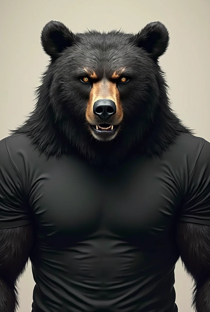 (solo,furry,anthro,realistic), male, standing, crossed arms, closed eyes, front view, hyper muscular body, big pecs, big abs, big arms, black body, black bear, topless, wearing white sweatpants, simpe image background, yellow background, by bebebebebe:1.2, by buta99, by foxovh, by ruan jia