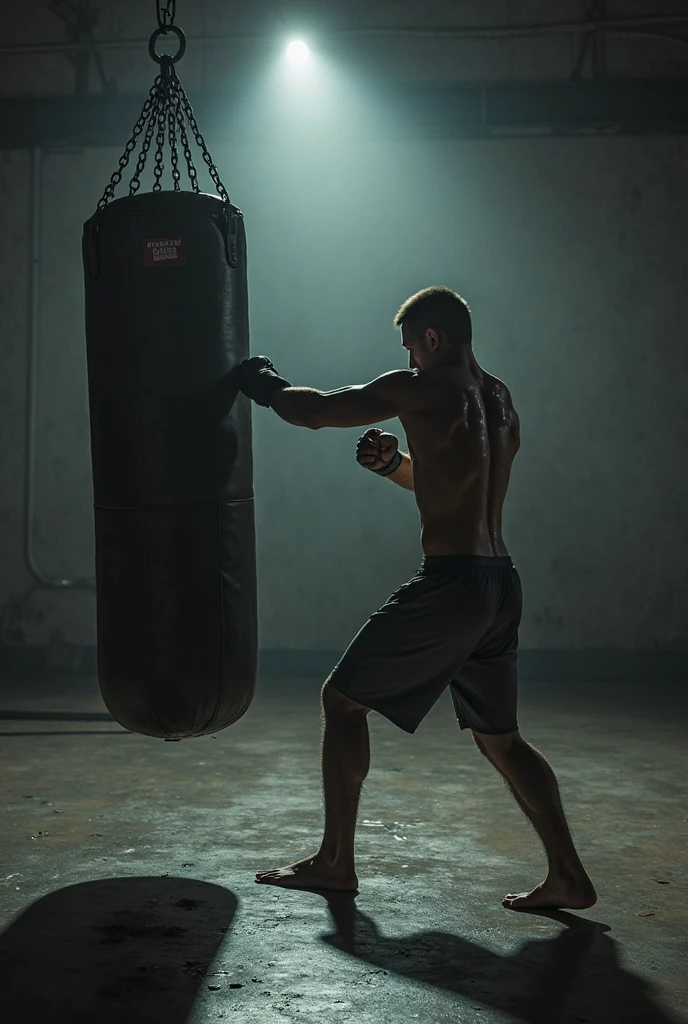 Dark skinned not so muscular man doing punching bag kicking